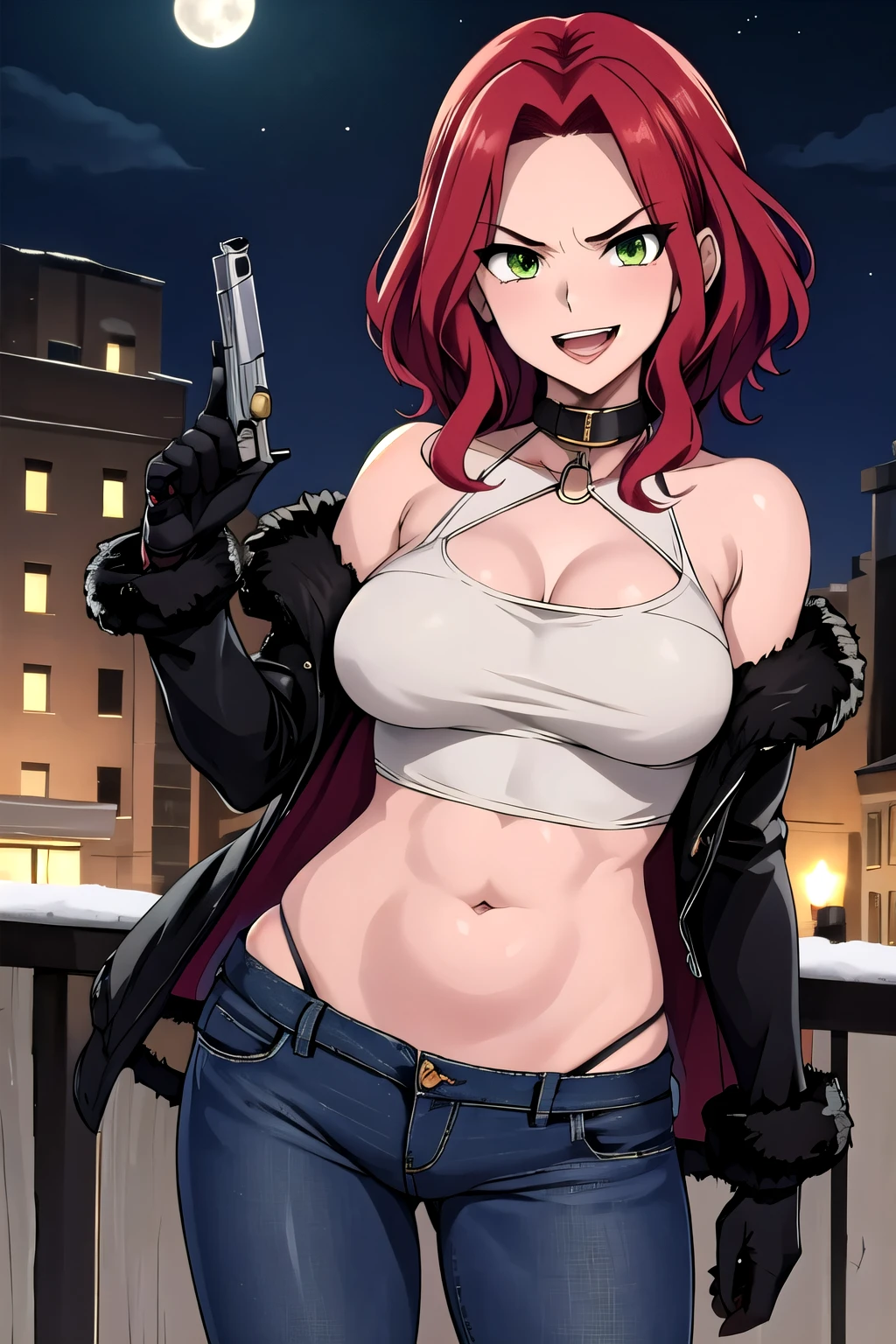 bitch medium breasts, red hair, beautiful face, green eyes, evil smile, blush, lipstick, evil smile, fur trim, mature female, gloves, fur-trimmed coat , outdoors, rooftop, cityscape, building, railing, night, night sky, scenery, moon, city lights, jacket, masterpiece,high quality,4k, bare shoulder,belly,crop top,outdoor,cleavage,jeans,casual
dress,street,road,smile, open mouth, (nsfw) not safe for work, holding a gun,handgun, evil expression,
exposed belly, exposed navel, exposed midriff, exposed lower belly, crop top overhang, underboob,
unbuttoned jeans , low rise black jeans, Low rise jeans, Low rise jeans with open fly