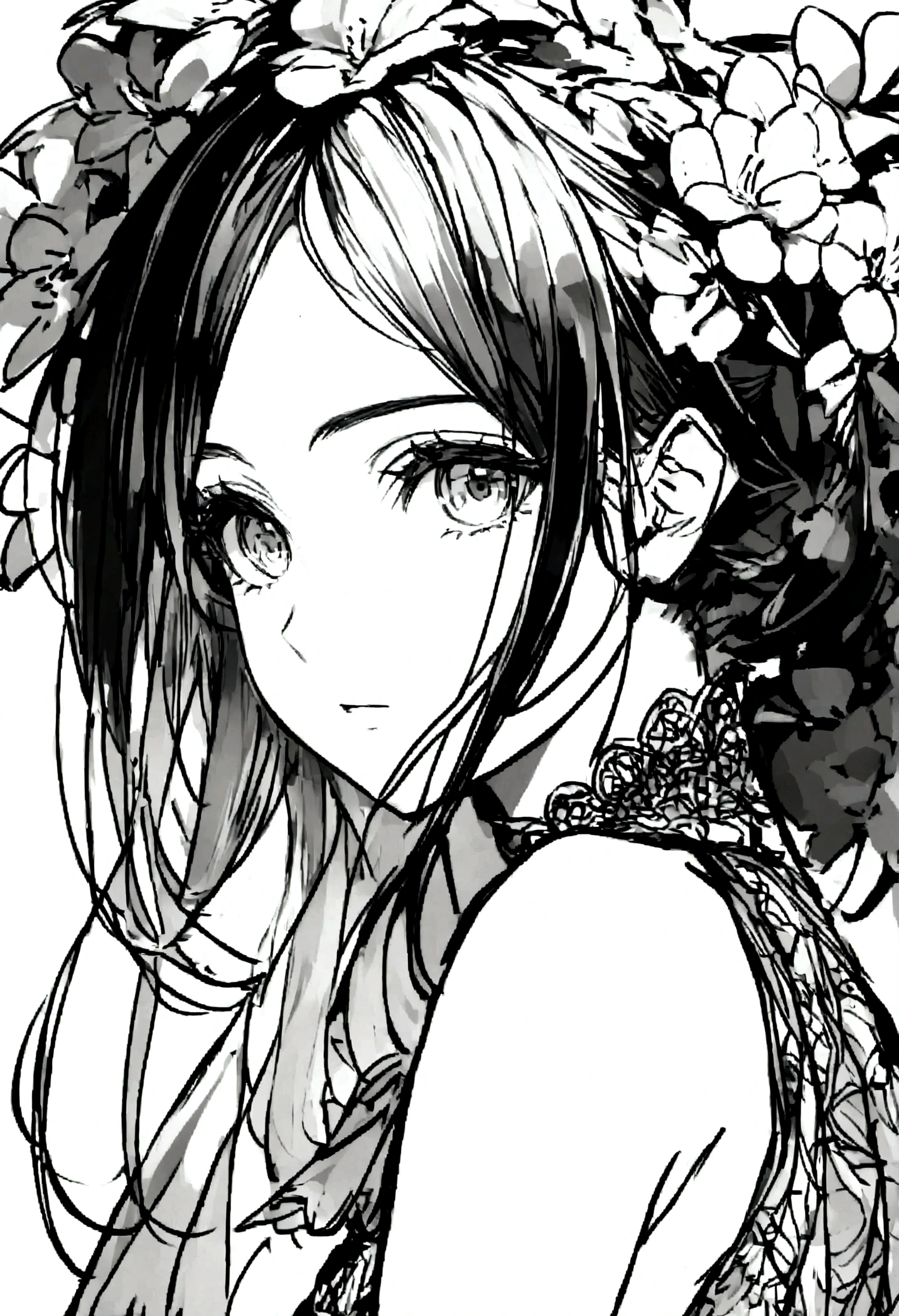 Nico Robin, absurdres, highres, ultra detailed, ultra-detailed background, detailed background, extremly detailed, 1girl,bunch of flowers, (zentangle:1.2), (geometric:1.2), black and white color palette, monochromatic, big breasts, cleavage, sideboob, lingerie, realistic depiction, ((portrait)), close up,