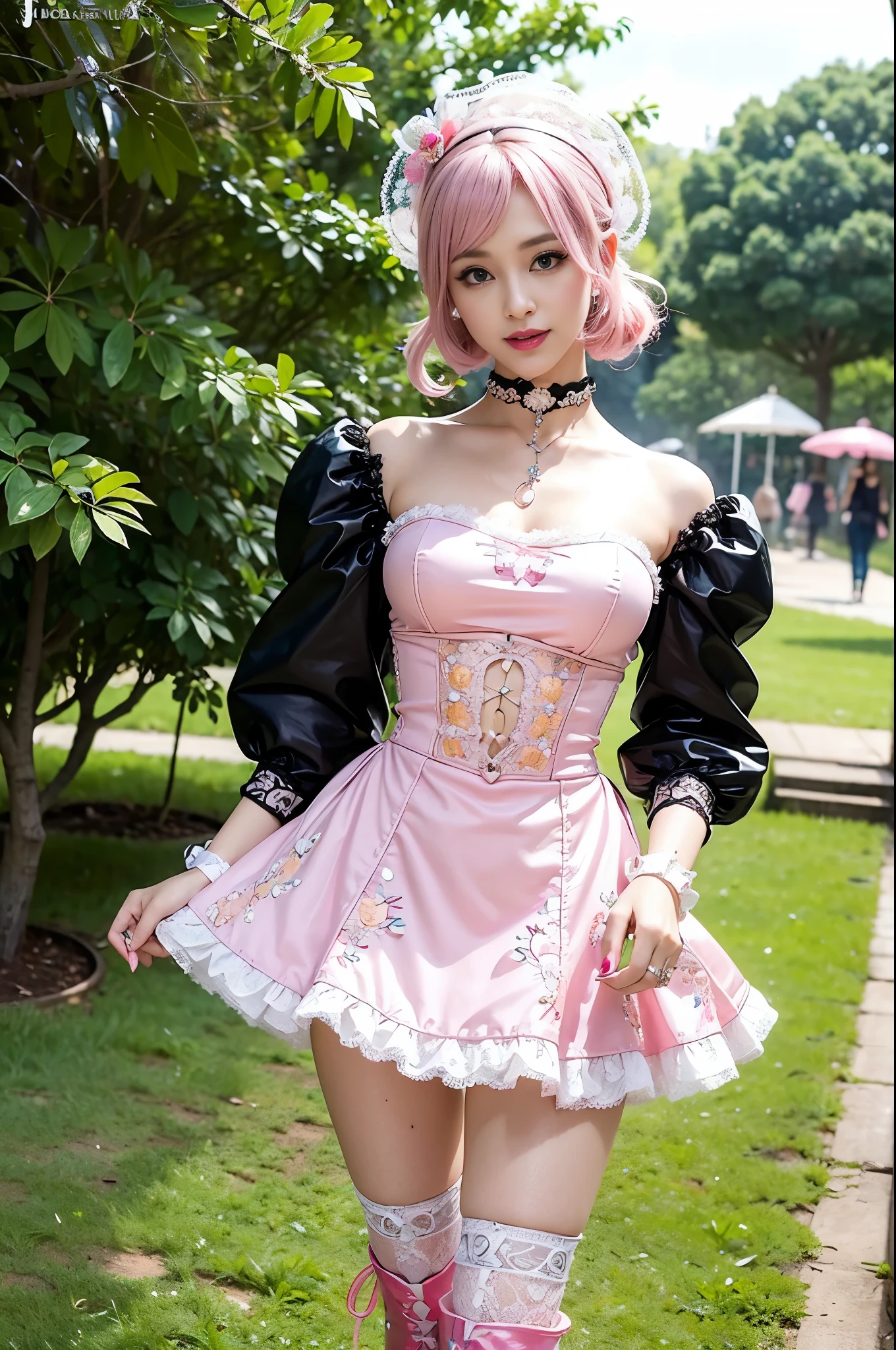 nsfw, sexy Thai princess, only 1 female, ((doll-like appearance)), short neon pink stylish hair, ((shiny Victorian-Style boots)), (big smile), ultra detailed eyes, vivid eye makeup, lipgloss, long lashes, defined eyebrows, ((sexy Paradise Kiss cosplay)), bell-shaped skirt, petticoats, high neckline, puffed sleeves, ((ultra detailed lace)), ((ultra detailed embroidery)), intricate details, Paradise Kiss accessoires and matching headpiece, choker, ((large sparkling Paradise Kiss jewelry)), cinematic light, detailed large park background with trees