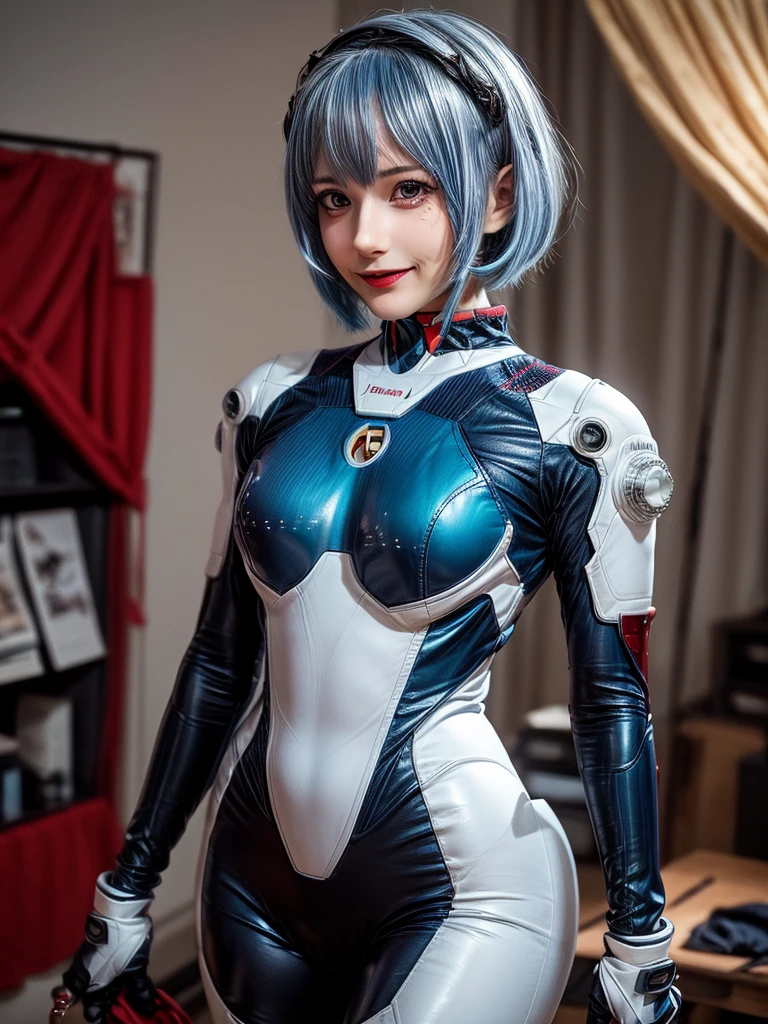 Masterpiece, highest quality, 8K, detailed skin texture, fine cloth texture, beautiful detailed face, intricate details, super detailed, portrait of Rei Ayanami, blue hair, red eyes, looking far away, no background, Evangelion Wearing a plug suit when riding, plug suit, whole body visible, standing, arms crossed, , beautiful, cute, great style, smiling,composition that shows the whole body,