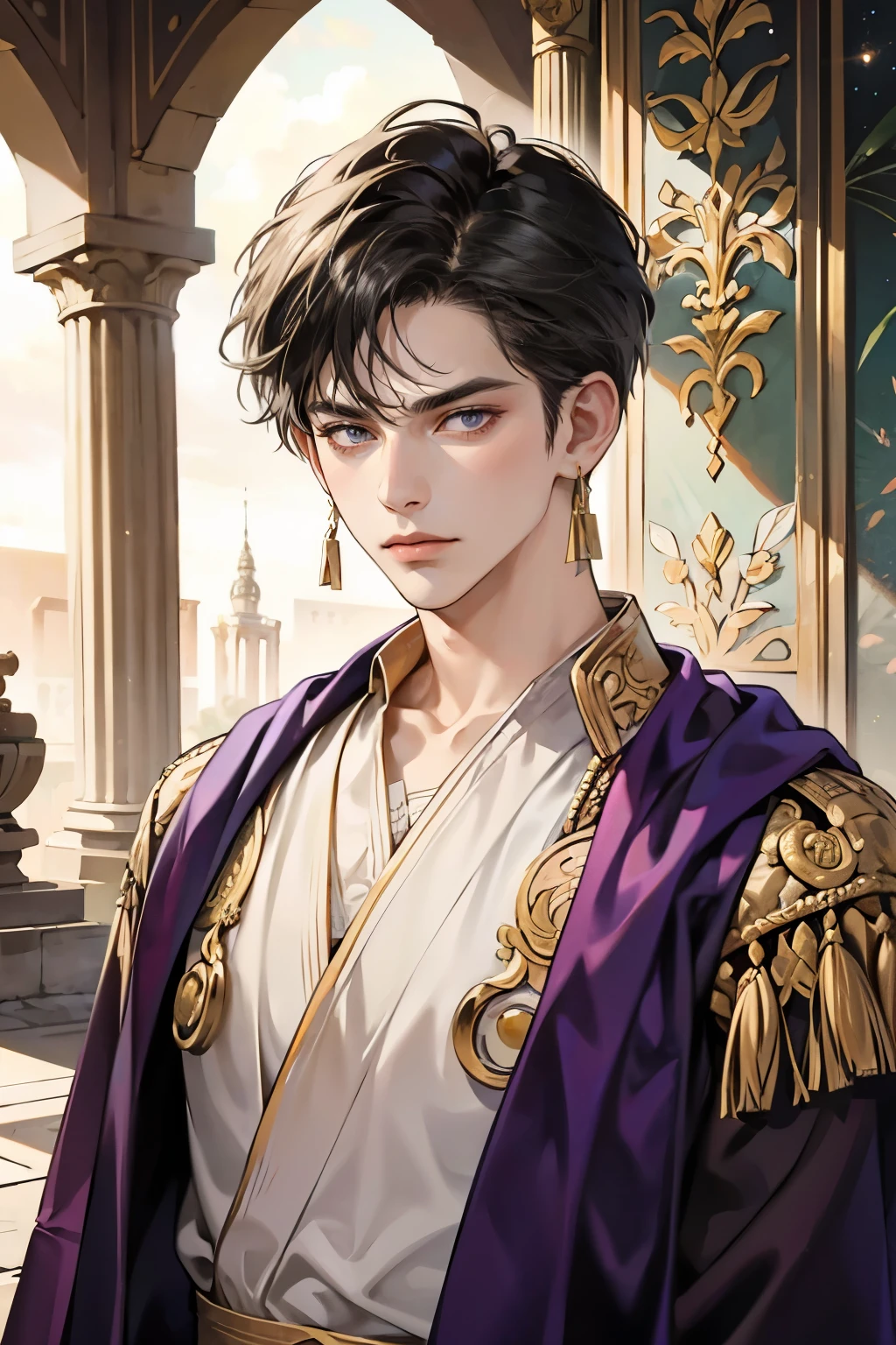 masterpiece, best quality, 1 boy, looking at viewer, portrait, black hair, Roman toga, ancient Greek clothing, Roman nobleman, gold jewelry, earrings, necklaces, frowning, purple silk robe, Roman architecture, Fine details