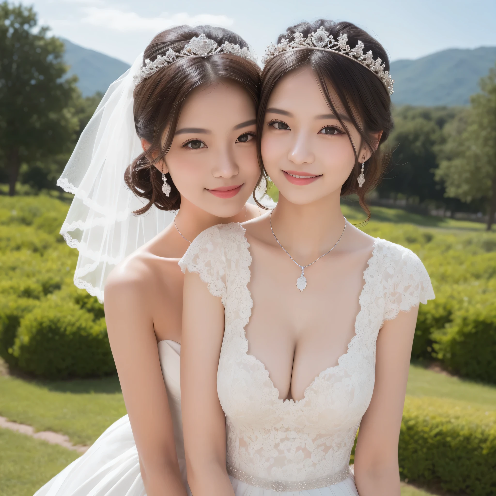 (kawaii face), (flat chest:1.2), happy smile, (Beautiful frills and lace cute wedding dress:1.3), (tiaras, necklaces, earrings), Ultra High Definition, Superior Quality, Premier Quality, ultra detailed, Photorealistic, 8k, RAW Photos, highest quality, masterpiece, professional photography, Realistic portrait, Beautiful detailed, Close up portrait of girl, Outdoors, beautiful sight, beautiful scenery, (natural scenery), (Fine face:1.2),