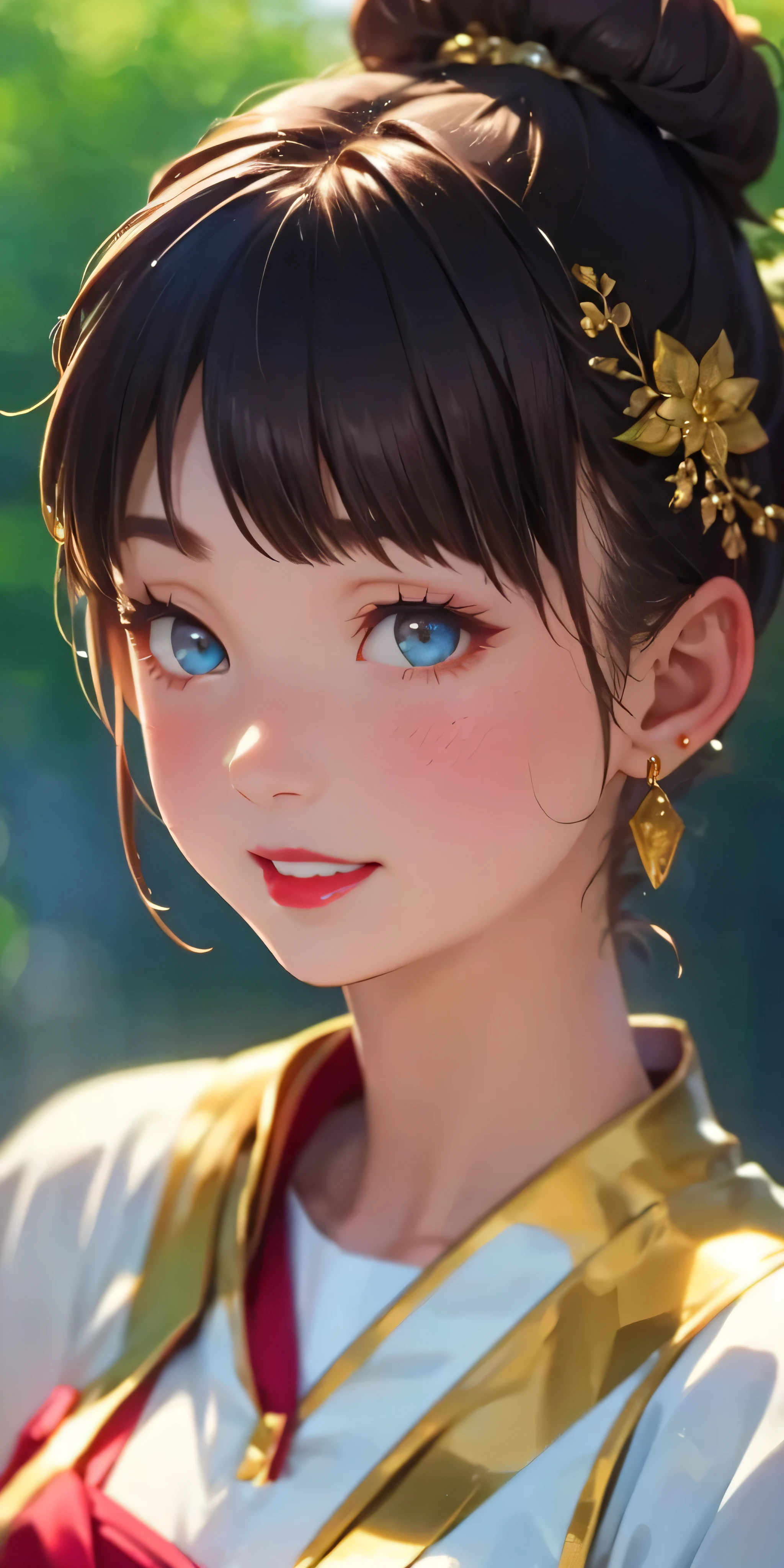 pretty girl, (Brown Hair), ((very bun hair)), Perfect Face, An innocent smile, Upper Body,(Cerulean Eyes), ((Only 16)), Skin dents, Very detailed, Attractive oval face, Red lips, pink, Shiny skin, Thin Hair, Face Focus, Chest close-up, Gorgeous hair ornament, Gold earrings, ((1 girl)), Embarrassed look,