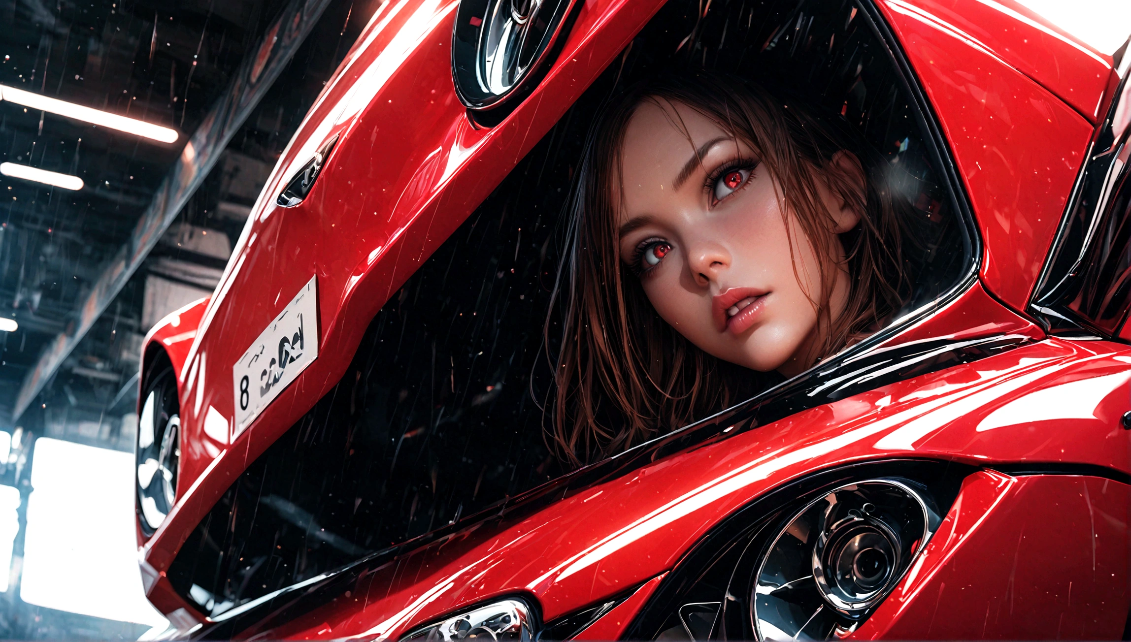 a sexy girl in tight fitting clothes with a black and red supercar, beautiful detailed eyes, beautiful detailed lips, extremely detailed eyes and face, long eyelashes, photorealistic, 8k, ultra-detailed, realistic, masterpiece, vibrant colors, dynamic lighting, glossy car paint, intricate details, dramatic composition, cinematic angle