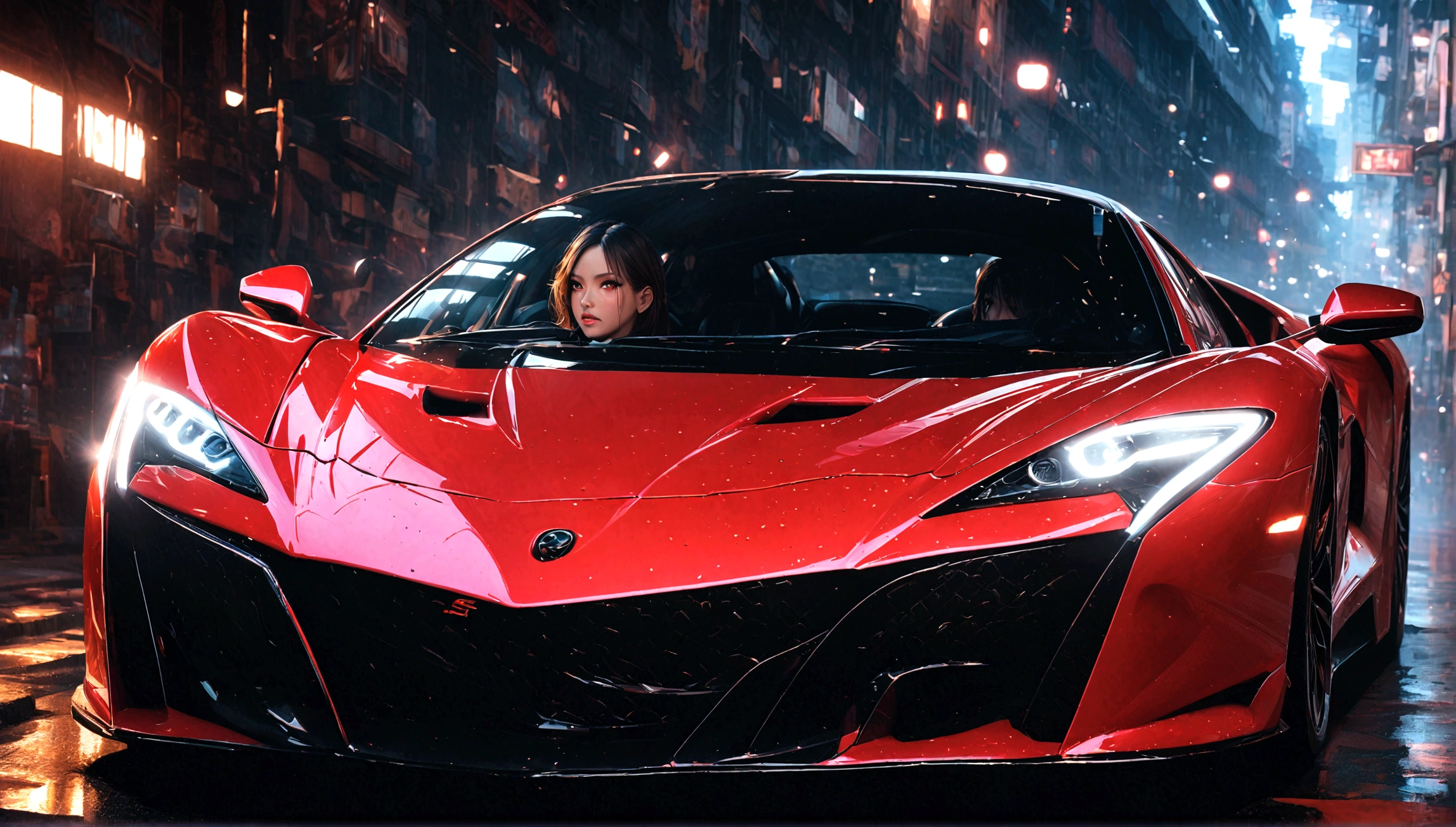a sexy girl in tight fitting clothes with a black and red supercar, beautiful detailed eyes, beautiful detailed lips, extremely detailed eyes and face, long eyelashes, photorealistic, 8k, ultra-detailed, realistic, masterpiece, vibrant colors, dynamic lighting, glossy car paint, intricate details, dramatic composition, cinematic angle