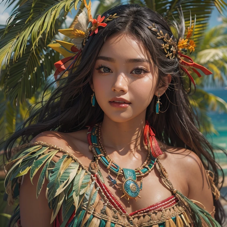 Polynesian Sea、Hair blowing in the wind 、 ((highest quality、masterpiece、8k、Best image quality、Ultra-high resolution、Award-winning works)、(Accurate anatomy:1.1)、(Look at me and smile:1.0)、Shining fair skin with Ultra-high resolution、The most detailed face、Ultra-high resolution detailed face、Ultra-high resolutionの髪の毛、(Ultra-high resolution eye:1.1)、Beautiful face drawn in every detail、Polynesian Costume,Small breasts, Polynesian Tattoo, Polynesian canoe、Wearing Polynesian costumes:1.2.