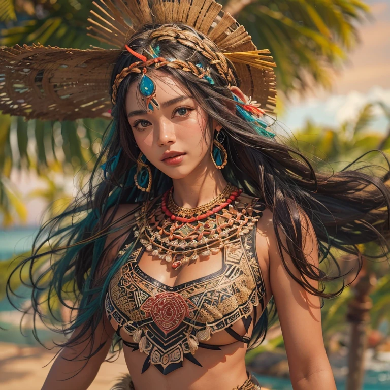 Polynesian Sea、Hair blowing in the wind 、 ((highest quality、masterpiece、8k、Best image quality、Ultra-high resolution、Award-winning works)、(Accurate anatomy:1.1)、(Look at me and smile:1.0)、Shining fair skin with Ultra-high resolution、The most detailed face、Ultra-high resolution detailed face、Ultra-high resolutionの髪の毛、(Ultra-high resolution eye:1.1)、Beautiful face drawn in every detail、Polynesian Costume,Small breasts, Polynesian Tattoo, Polynesian canoe、Wearing Polynesian costumes:1.2.