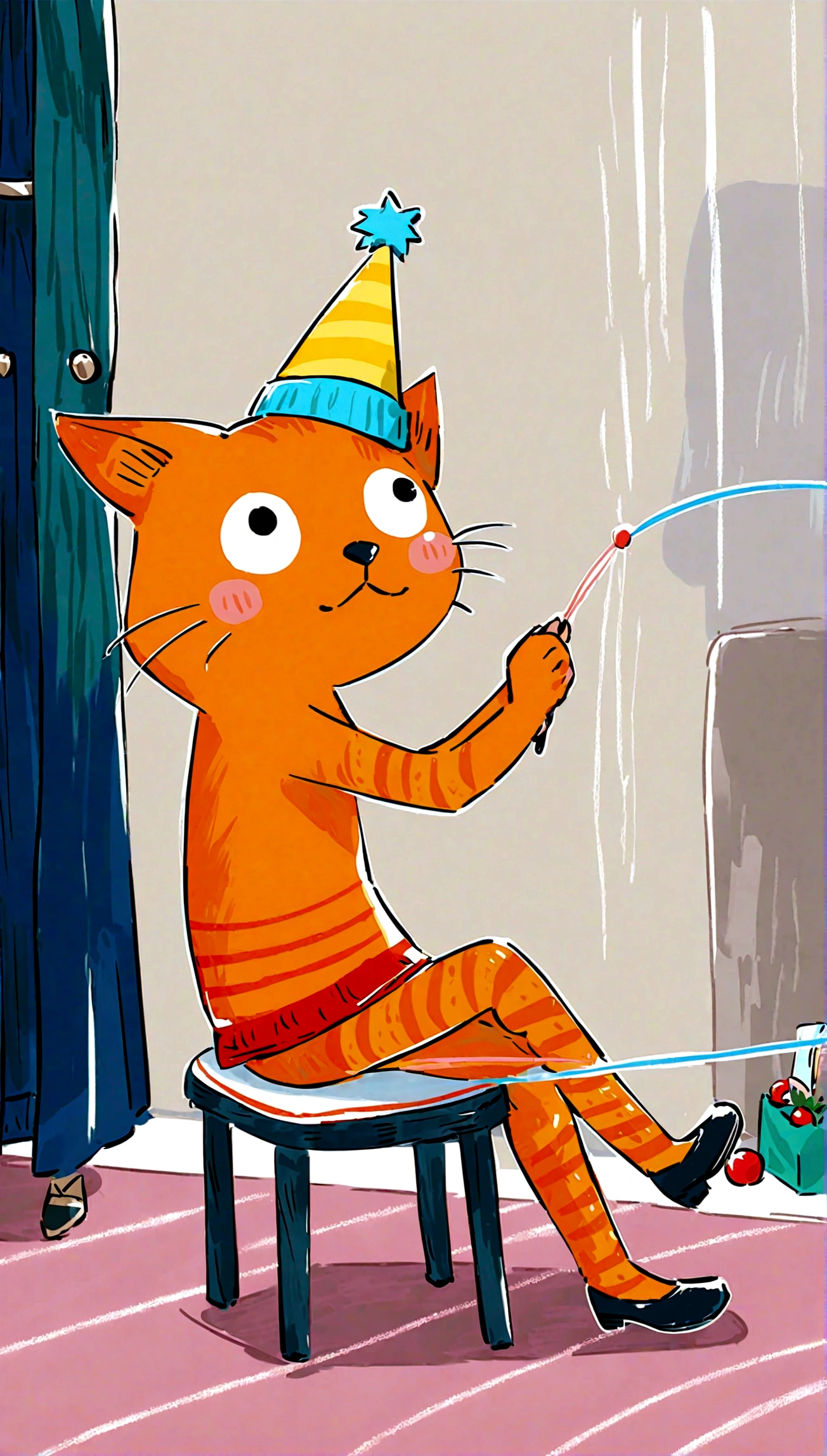 wearing a party hat and playing with a string of bright, multicolored lights, surrounded by festive decorations.