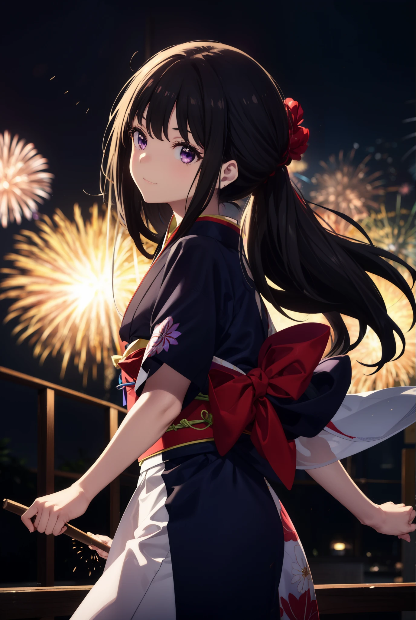 Takiuchi, Check it out,One Girl, Long Hair, bangs, Black Hair, (Purple eyes:1.2),Flower Hair Ornaments,hair tied back,smile,blush,Embarrassing,Blue Kimono,Sandals,日本のfestival，夏festivalの屋台、Red lantern,Fireworks in the night sky,Fireworks,The place is a fireworks display,Time is night,whole bodyがイラストに入るように,Looking up from below、Walking,
break outdoors, festival,shrine,
break looking at viewer, whole body,  (Cowboy Shot:1. 5)
break (masterpiece:1.2), highest quality, High resolution, unity 8k wallpaper, (figure:0.8), (Beautiful fine details:1.6), Highly detailed face, Perfect lighting, Highly detailed CG, (Perfect hands, Perfect Anatomy),