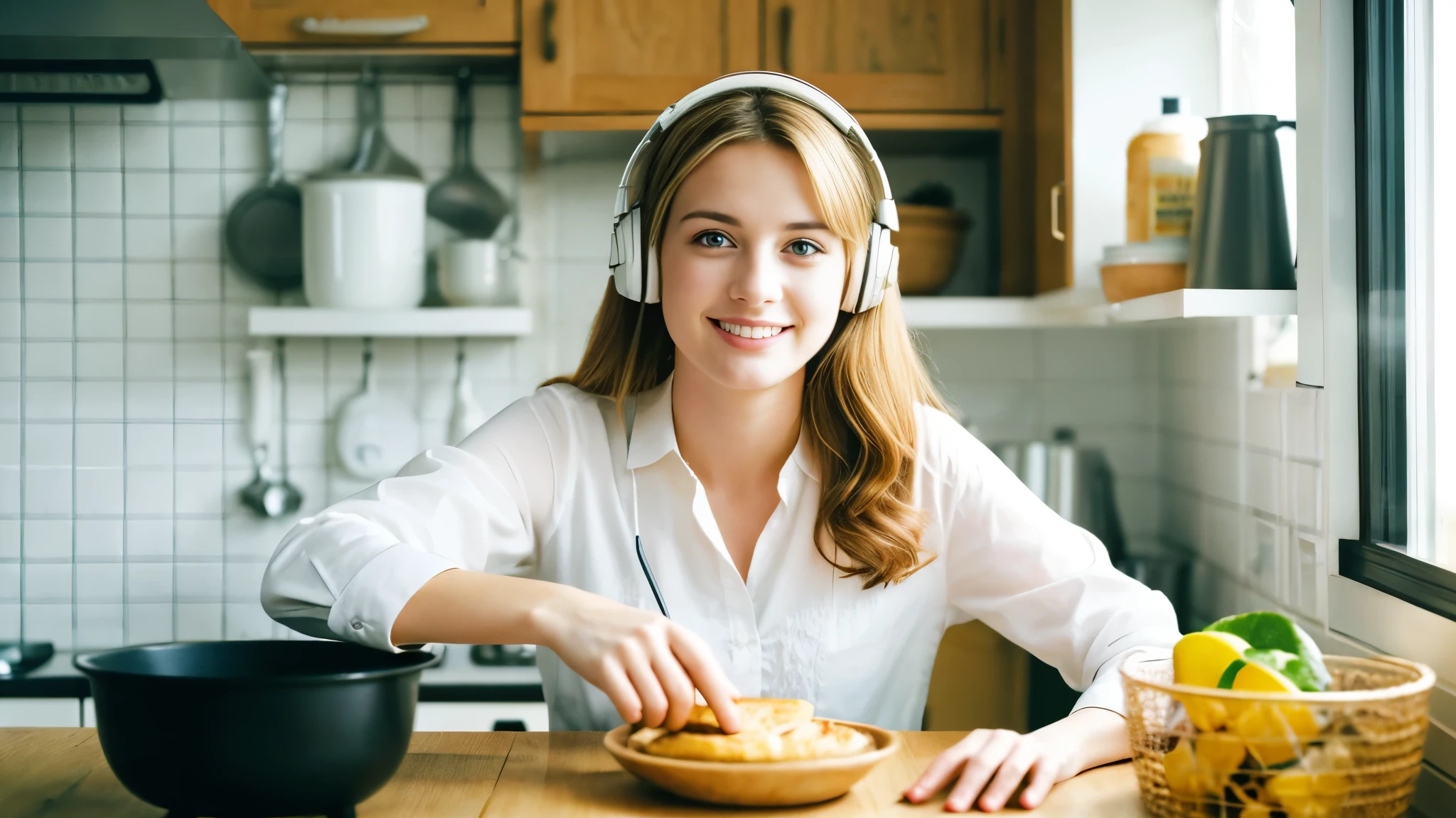 Beautiful blonde in a white shirt (Preparing breakfast in the kitchen in the morning),Wearing headphones,Very detailed, 21 years old, Innocent face, Naturally Wavy Hair, blue eyes, High resolution, masterpiece, highest quality, Intricate details, Very detailed, Clear focus, Delicate skin, practical skin texture, texture, Delicate eyes, Professional, 4K, Cute Smile, Shot with Canon, 85mm, Shallow and deep,  Kodak Vision Color, Exactly, Very detailed, photograph_\(Extremist\), photographpractical, practical, Post-processing, Maximum details, Roughness, Real Life, Extremist practical, Photorealism, photographgraphy, 8K Ultra HD, photographgraphy