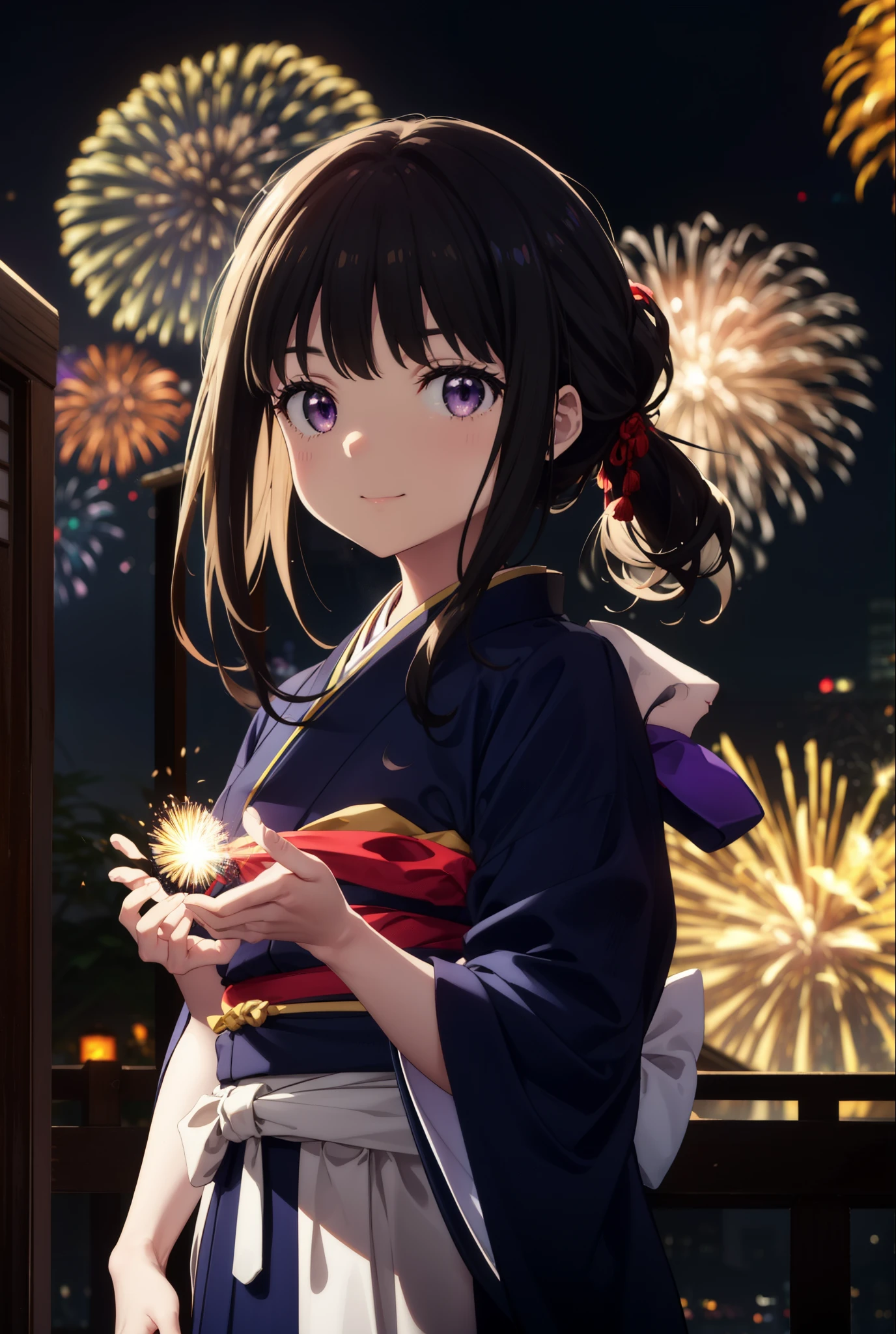 Takiuchi, Check it out,One Girl, Long Hair, bangs, Black Hair, (Purple eyes:1.2),Flower Hair Ornaments,hair tied back,smile,blush,Embarrassing,Blue Kimono,Sandals,日本のfestival，夏festivalの屋台、Red lantern,Fireworks in the night sky,Fireworks,The place is a fireworks display,Time is night,whole bodyがイラストに入るように,Looking up from below、Walking,
break outdoors, festival,shrine,
break looking at viewer, whole body,  (Cowboy Shot:1. 5)
break (masterpiece:1.2), highest quality, High resolution, unity 8k wallpaper, (figure:0.8), (Beautiful fine details:1.6), Highly detailed face, Perfect lighting, Highly detailed CG, (Perfect hands, Perfect Anatomy),