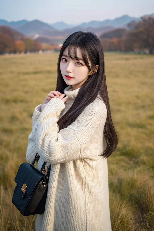 1 korean girl, black hair、long hair、Portrait、single lens reflex camera、high resolution、４k、Winter clothes、grassland、