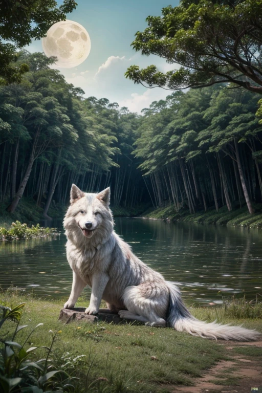 Um lobo no alto de uma montagem uivando para a lua, estilo Claude Monet, curvas suaves e cores vivas