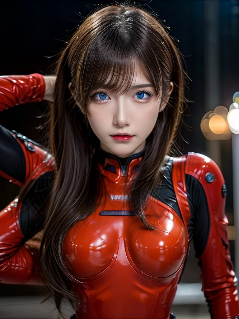 ((Best quality)), ((Masterpiece)), (Details: 1.4), 3D, Asuka Langley Soryu, Asuka, high resolution (high dynamic range), ray tracing, NVIDIA, super resolution, Unreal 5, subsurface scattering ,PBR texturing, post-processing, anisotropic filtering, depth of field, maximum sharpness and sharpness, multi-layered textures, albedo and specular maps, surface shading, accurate simulation of light and matter interaction, perfect proportions ,Octane Rendering,Two-Tone Lighting,Wide Aperture,Low ISO,White Balance,Rule of Thirds,8K RAW,(Masterpiece: 1.4, Best Quality), (Intricate Details), Unity8k Wallpaper, Highly Detailed, Beautiful and Mysterious, Details background, realistic, alone, perfectly detailed face, detailed blue eyes, highly detailed, blush, hair ornament, chignon mahogany hair, (blonde), plug suit 02, Shikinami Asuka Langley, Evangelion, Slender -yeld gi full body suit, black background, above the waist,composition that shows the whole body,