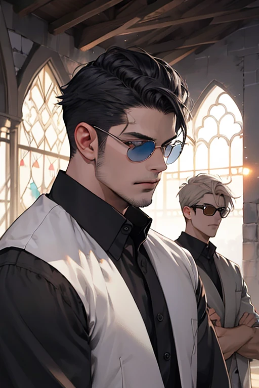 Realista,(A obra-prima,Qualidade Superior,melhor qulity,arte oficial),Muito detalhado,colorido,mais detalhado,DEUS,cabelos mais curtos,cabelos de cor preta,homem bonito,gargantilha,manga curta,periferia,sun glasses, terno