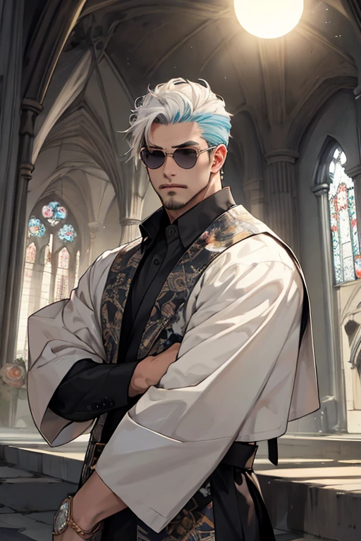 Realista，（A obra-prima，Qualidade Superior，melhor qulity，arte oficial），Muito detalhado，colorido，mais detalhado，DEUS，cabelos mais curtos，cabelos de cor preta，homem bonito，gargantilha，manga curta，periferia，sun glasses, terno