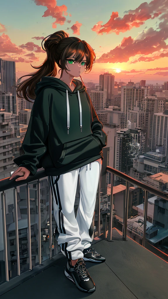 Black sneakers, white workout pants, A woman wearing a light blue hoodie smoking a cigarette while leaning on a railing on a rooftop with a view of the sunset(Long brown hair, green eyes)