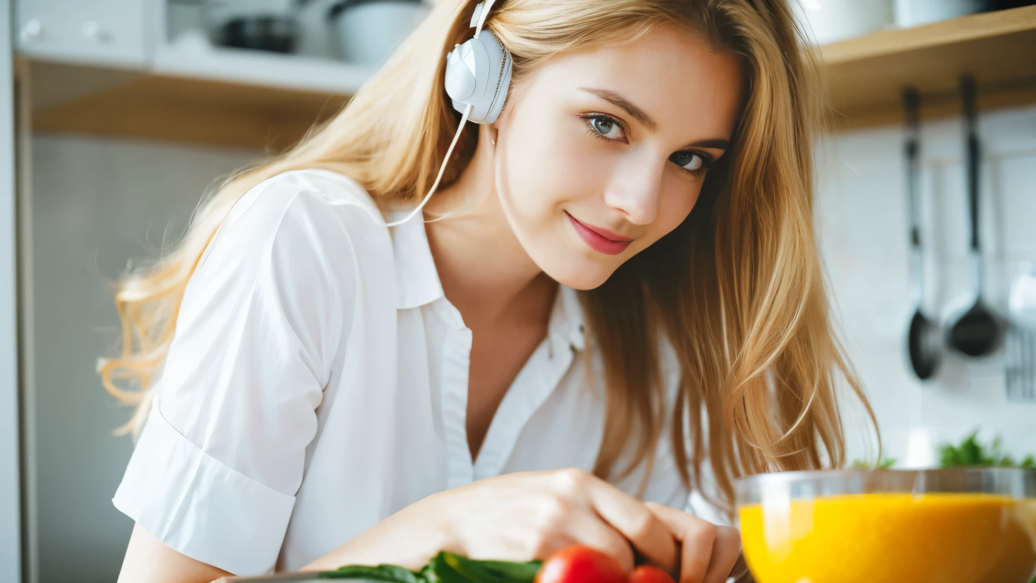 Beautiful blonde in a white shirt (Preparing breakfast in the kitchen in the morning),Wearing headphones,Very detailed, 21 years old, Innocent face, Naturally Wavy Hair, blue eyes, High resolution, masterpiece, highest quality, Intricate details, Very detailed, Clear focus, Delicate skin, practical skin texture, texture, Delicate eyes, Professional, 4K, Cute Smile, Shot with Canon, 85mm, Shallow and deep, Kodak Vision Color, Exactly, Very detailed, photograph_\(Extremist\), photographpractical, practical, Post-processing, Maximum details, Roughness, Real Life, Extremist practical, Photorealism, photographgraphy, 8K Ultra HD, photographgraphy