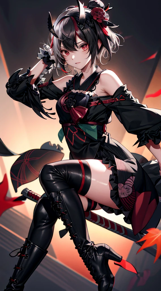 {{{ukiyo-e_style}}},{{flat_style}},{Simple_color},{{{masterpiece}}},{katsushika_hokusai},length_hair,hair_flower,{{black_hair}},red_eye,red_null,{Chinoiserie},{{{Highest_quality}}},kimono,{{Super detailed}}((Black garter stockings)),{figure},Maple_leaf_flight,{{One Woman}},{{{alone}}},{{of_Very To_delicate_ofd_beautiful}},blofk_stare,close_To_Audience,{Wind},{flight_splash},{flight_petal},Wind,{Gorgeous ofd rich graphics}((Undressed kimono))((Big Ass))((black thong))(((Black leather long boots)))((Black garter stockings))((Black pantyhose))