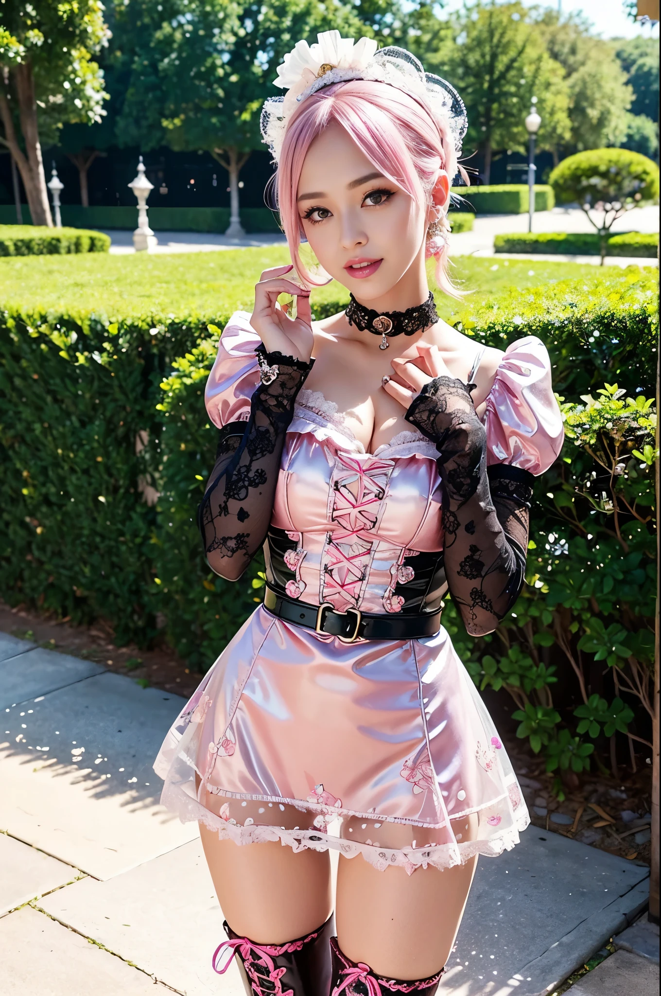 (nsfw), sexy stylish Swedish model, only 1 female, ((doll-like appearance)), short neon pink stylish hair, ((shiny Victorian-Style boots)), (big smile), ultra detailed eyes, vivid eye makeup, lipgloss, long lashes, defined eyebrows, ((sexy Paradise Kiss cosplay)), bell-shaped skirt, petticoats, high neckline, puffed sleeves, ((ultra detailed lace)), ((ultra detailed embroidery)), intricate details, Paradise Kiss accessoires and matching headpiece, choker, ((large sparkling Paradise Kiss jewelry)), cinematic light, detailed large park background with trees