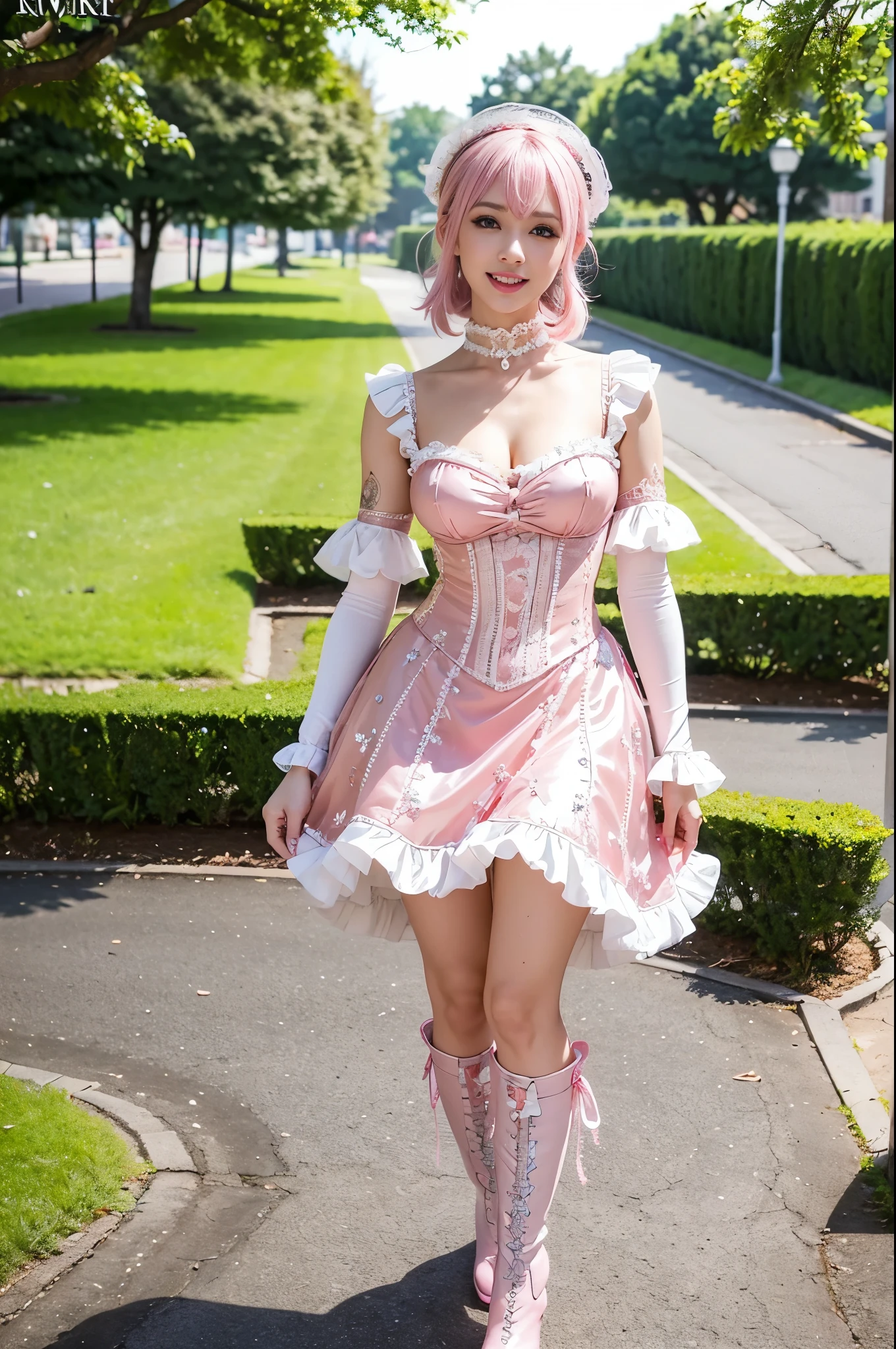 (nsfw), sexy stylish Swedish model, only 1 female, ((doll-like appearance)), short neon pink stylish hair, ((shiny Victorian-Style boots)), (big smile), ultra detailed eyes, vivid eye makeup, lip-gloss, long lashes, defined eyebrows, ((sexy Paradise Kiss cosplay)), bell-shaped skirt, petticoats, high neckline, puffed sleeves, ((ultra detailed lace)), ((ultra detailed embroidery)), intricate details, Paradise Kiss accessoires and matching headpiece, choker, ((large sparkling Paradise Kiss jewelry)), cinematic light, detailed large park background with trees