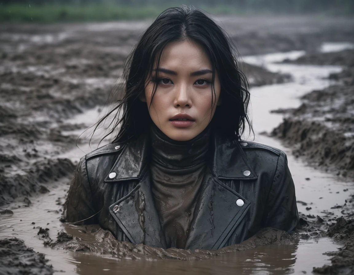 8k, ultra-detailed, documentary drama photo, grainy film photo, masterpiece,muted colors, muffled light, dusk, rainy, moody, noir, woman head completely drown in the bottom of mud hole, light turtleneck, orgasm expression, beautiful long brunette hair, depraved outfit, asian:0.5, fetishistic makeup, full frame, messy leather biker jacket