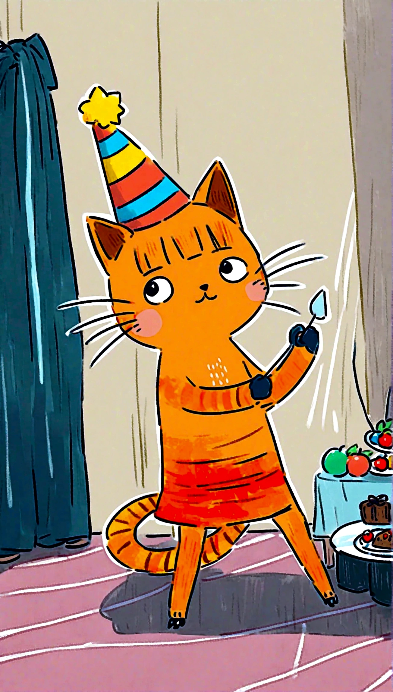 wearing a party hat and playing with a string of bright, multicolored lights, surrounded by festive decorations.