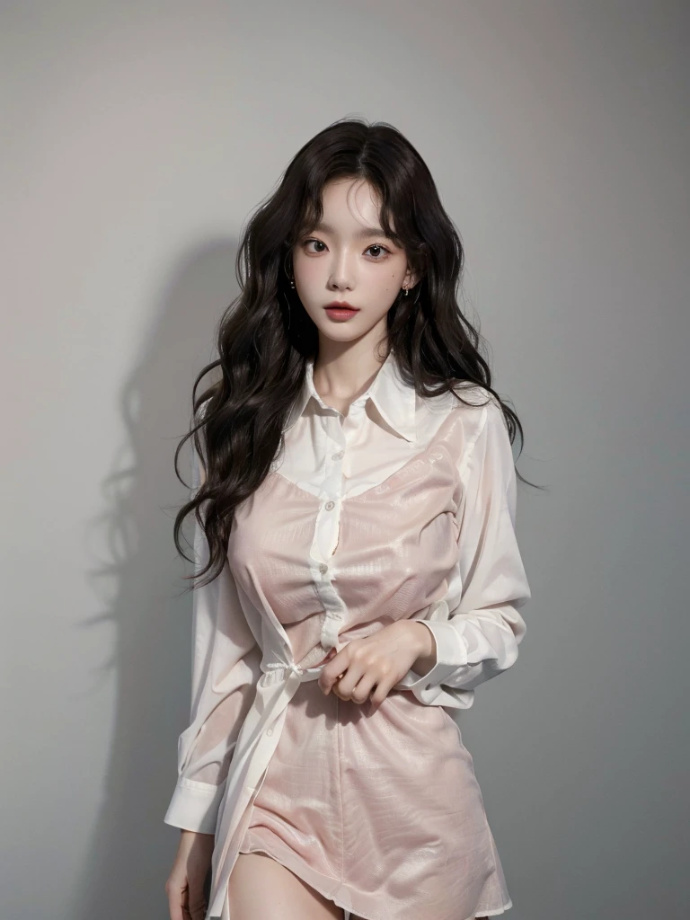 absurdres, RAW photo, extremely delicate and beautiful, masterpiece, Best Quality, ultra high resolution, 32k, hyperrealistic, ultra-detailed, perfect anatomy, perfect figure, Perfect skin, super Detailed skin, muted coral blush, Closed mouth, 20 years old, very Slim body, narrow waist, very small head, very small face, delicate facial features, tearful mole, earring, thin legs, bare legs, (((very huge round breasts))), short medium hair, brown braid hair, ((wavy hair)), wet clothes, skirt, ((collared dress shirt)),