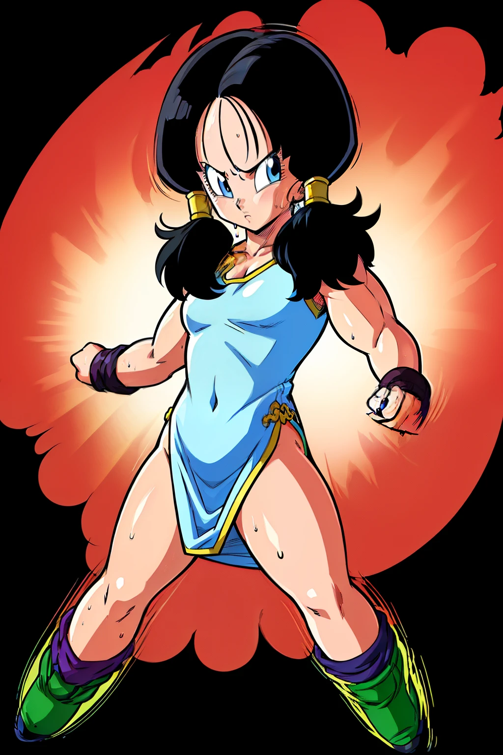 DreamShaper, drawing of a woman with a red outfit and a weapon, saiyan girl, high quality colored drawing, female goku, Dragon Ball Z Style, colored drawing, bunny lola fanart, painted and colored, dragon ball style, tough pose, high quality fanart, Cutesexyrobutts, colorful drawing, highly detailed exquisite fanart, inspired by Akira Toriyama