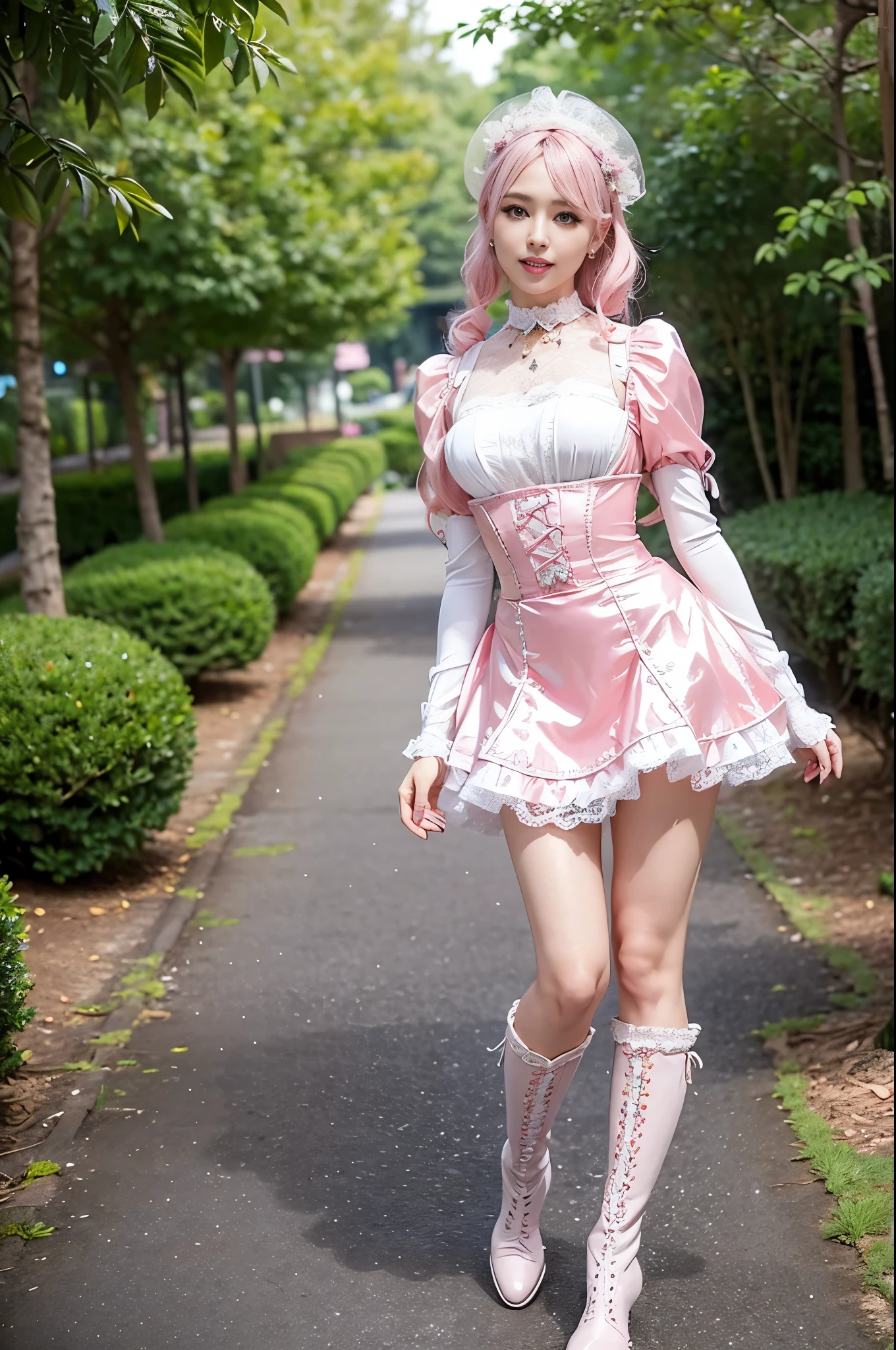 (nsfw), sexy stylish Swedish model, only 1 female, ((doll-like appearance)), short neon pink stylish hair, ((shiny Victorian-Style boots)), (big smile), ultra detailed eyes, vivid eye makeup, lip-gloss, long lashes, defined eyebrows, ((sexy Paradise Kiss cosplay)), bell-shaped skirt, petticoats, high neckline, puffed sleeves, ((ultra detailed lace)), ((ultra detailed embroidery)), intricate details, Paradise Kiss accessoires and matching headpiece, choker, ((large sparkling Paradise Kiss jewelry)), cinematic light, detailed large park background with trees