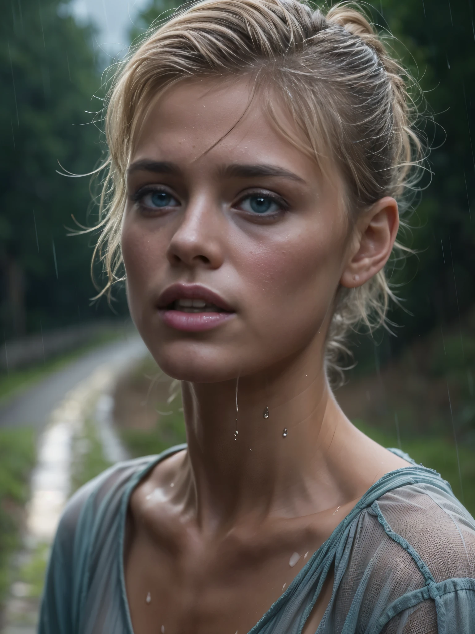 Masterpiece, a half body shot of a beautiful european Danish girl crying in a countryside road, rainy, trees around the road, walking, wet shirt, soaked clothes, wet hair, short pixie hair, light blond hair, blue eyes, runners skinny body, pale skin, ((small perky breasts, exposed breatsts)), 16K, ultra high resolution photorealistic, UHD, RAW, DSLR, sharp focus, natural lighting