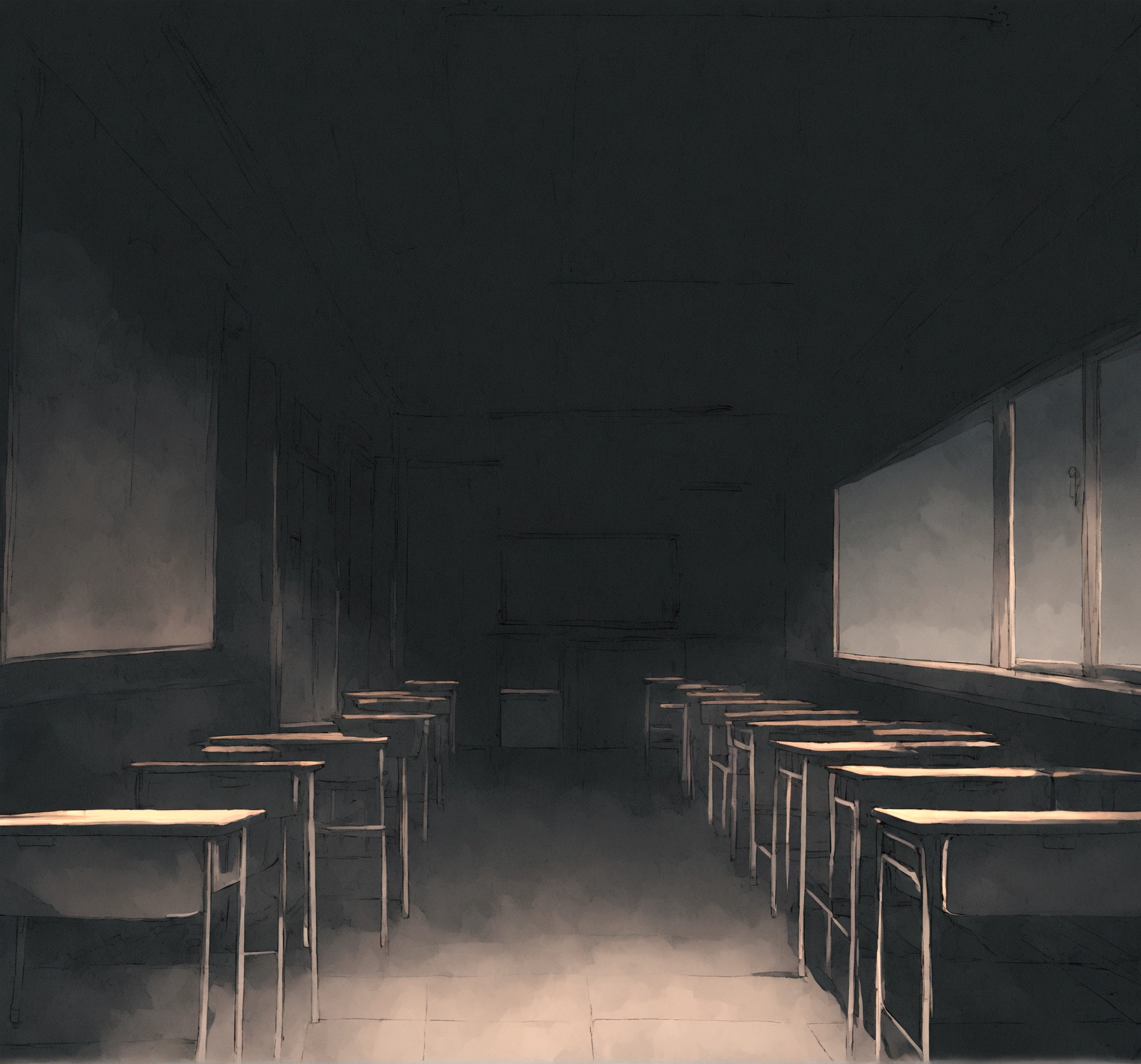 Late Night Classroom　Scary atmosphere　School　Lots of desks