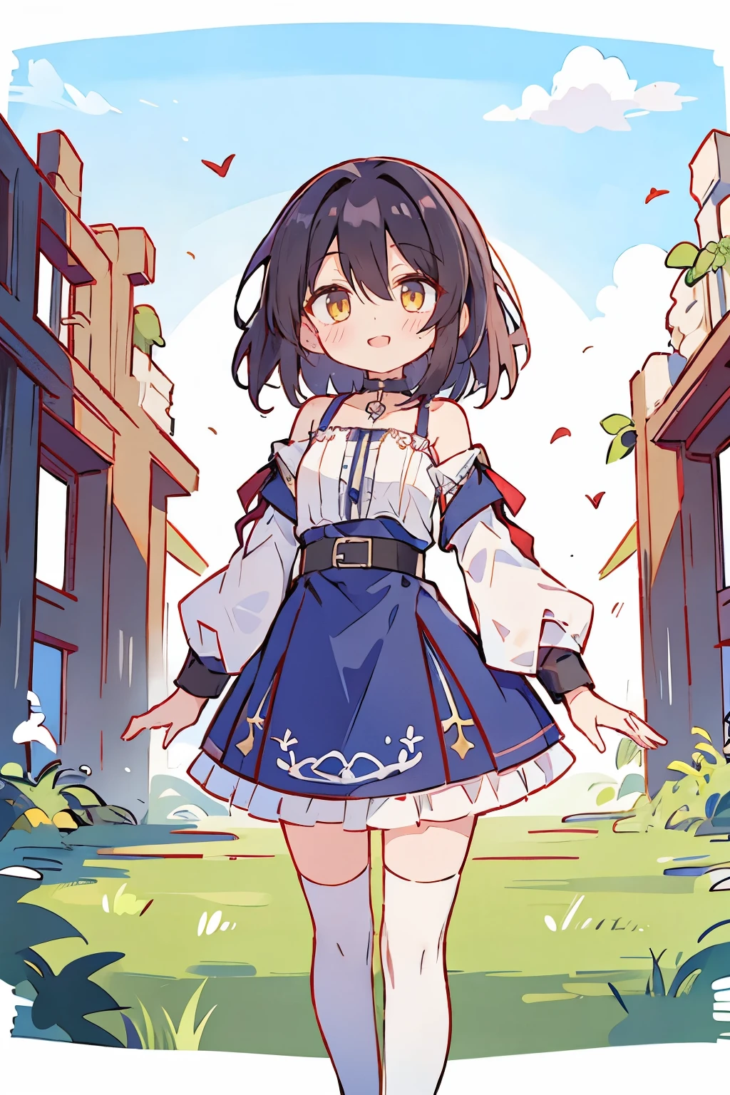 hui xiyi, rekkyo sensen, rekkyou sensen, fantasy world, ruins, fort, beautiful sky, shining sky, sunshine, camisoles, belts, blue clothes, cross, choker, black collar, nun, wind blowing dress, lace dress, off-shoulder sleeves, white legwear, medium hair, khaki jacket, velour dress, velour hoodie