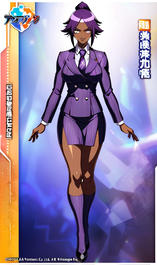 Full body Yoruichi as a thin Black business woman in a double breasted pinstripe purple skirt suit while wearing a tie with a very long purple pinstripe skirt and with purple knee socks full art