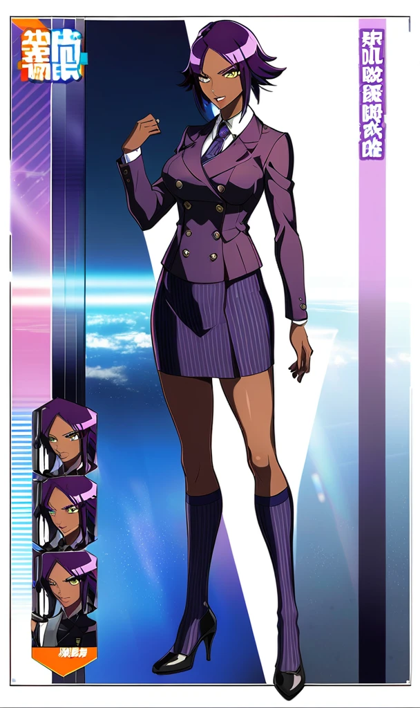  Full body Yoruichi as a thin Black business woman in a double breasted pinstripe purple  skirt suit while wearing a tie with a very long purple pinstripe skirt and with purple knee socks full art 
