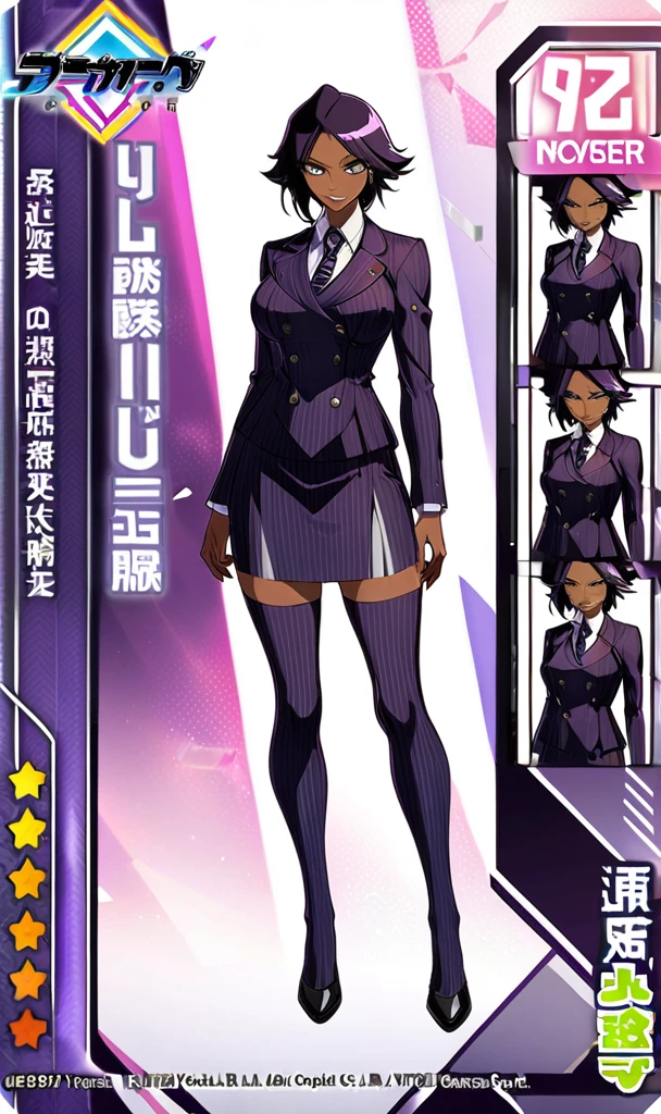 Full body Yoruichi as a thin Black business woman in a double breasted pinstripe purple skirt suit while wearing a tie with a very long purple pinstripe skirt and with purple knee socks full art