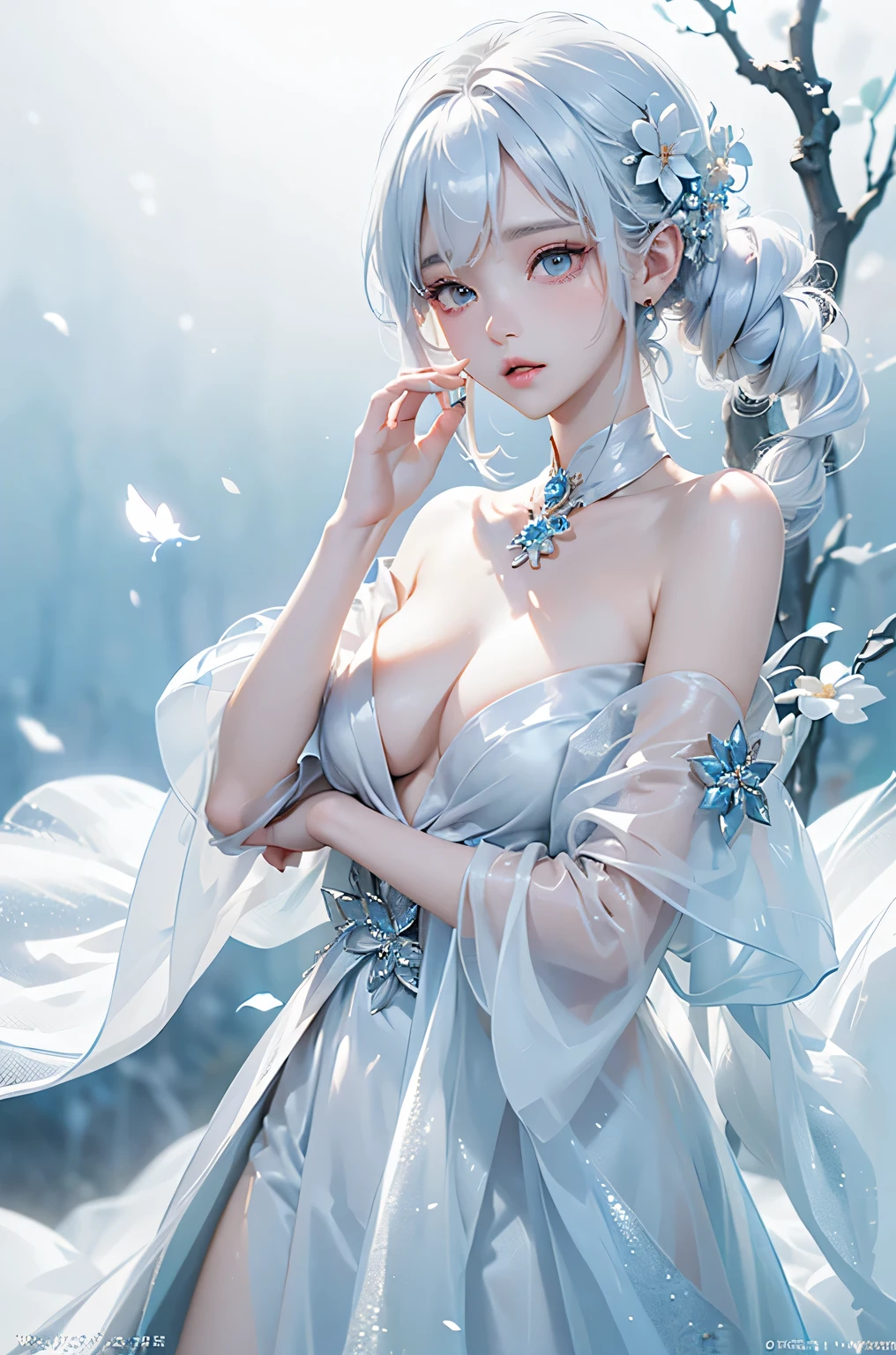 ((From the waist up))((masterpiece:1.5、8k、Portraiture、Photorealistic and very detailed CG、Very detailed、Particle Effects、Dynamic Effects、Written boundary depth、Cinematic Light、Lens flare、Ray Tracing、Tabletop、Realistic、超A high resolution:1.2)((alone、,Woman in off-the-shoulder dress:1.4、Model-like pose、medium beautiful breasts、Detailed face、brightexpression、young, bright, Whiter skin、Best Looks、Ultimate beauty、White hair with shiny highlights:1.8、bright and shiny hair,、Super long, Silky straight hair、Hair swaying in the wind))(Wonderful transparent flower々Surrounded by、White Background、Great background、Thin petals fluttering down)