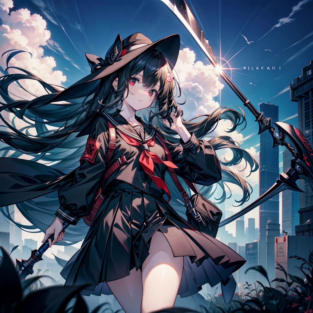 highest quality、Masterpiece、Official Art、The best composition、A high school girl vampire hunter wearing a black sailor uniform、Has the Grim Reaper's Scythe、Wind、deep focus,absurdres、detailed eyes and face、Blood splatter、Blood is dripping from the scythe、minaba hideo、
Grim Reaper's Scythe、