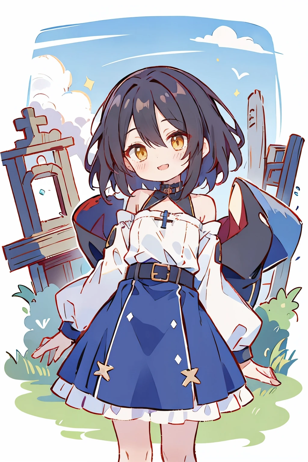 hui xiyi, rekkyo sensen, rekkyou sensen, fantasy world, ruins, fort, beautiful sky, shining sky, sunshine, camisoles, belts, blue clothes, cross, choker, black collar, nun, wind blowing dress, lace dress, off-shoulder sleeves, white legwear, medium hair, khaki jacket, velour dress, velour hoodie