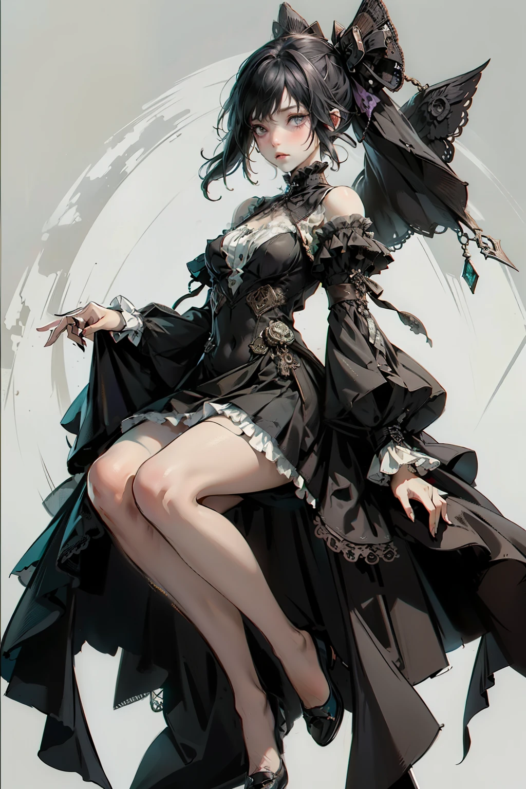 ((best quality)), ((masterpiece)), (detailed), blank white background, plain background, white background, Bloodborne inspired,  occult aesthetic, occult, detailed and intricate steampunk and detailed gothic, NSFW, Very dramatic and cinematic lighting, cosmic horror, grim-dark, side-lighting, perfect face, NSFW, Fluttering lace flared long knee length dress with frilly petticoats, knee length dress, pleated petticoats, lolita dress, petticoats gothic lolita, side-lighting, gothic lolita aesthetic, beautiful small breasts, small breasts, full body, whole body, body, plain background, white background, blank background, no background, white background NSFW, full body, whole body, head-to-toe