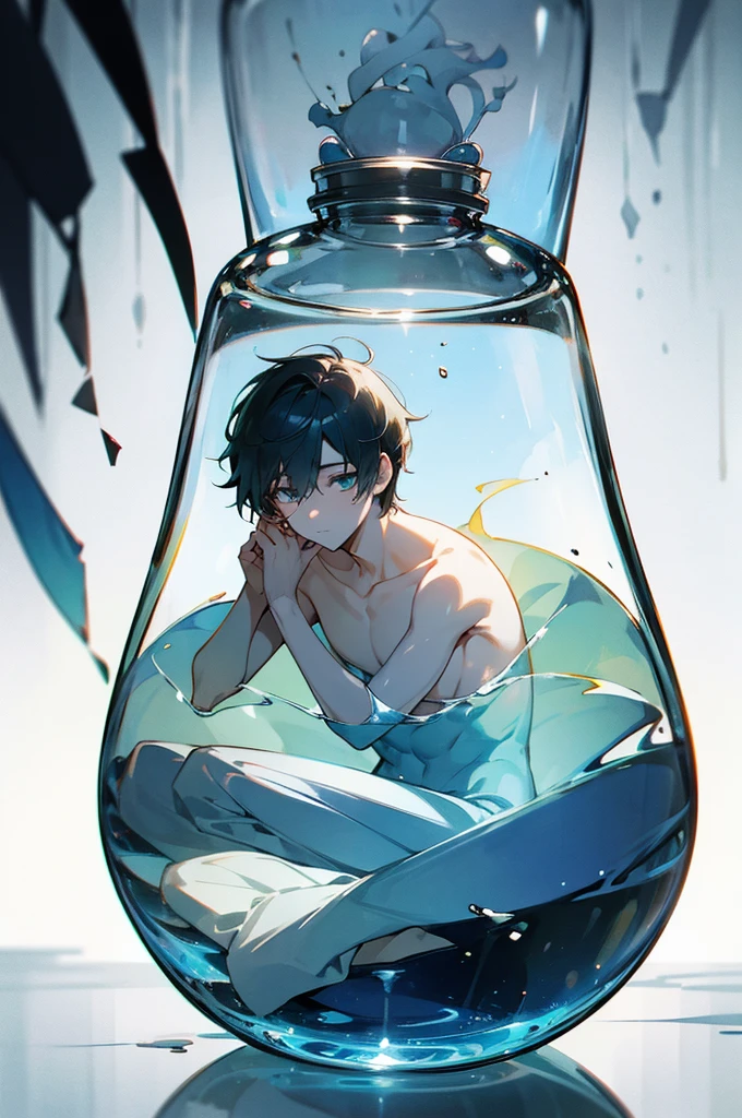 Boy in a bottle、Being in a jar、Looking Outside、Glass、sit、1 person、male、Beautiful boy、adult、Large、whole body、naked、Perfect body shape、Bare Skin、sex appeal、Transparency、reflected light、beautiful、ephemeral、Glowing Eyes、longing、dream、Dim light、Blur、Watercolor tones、mystery、vivid、Low Contrast