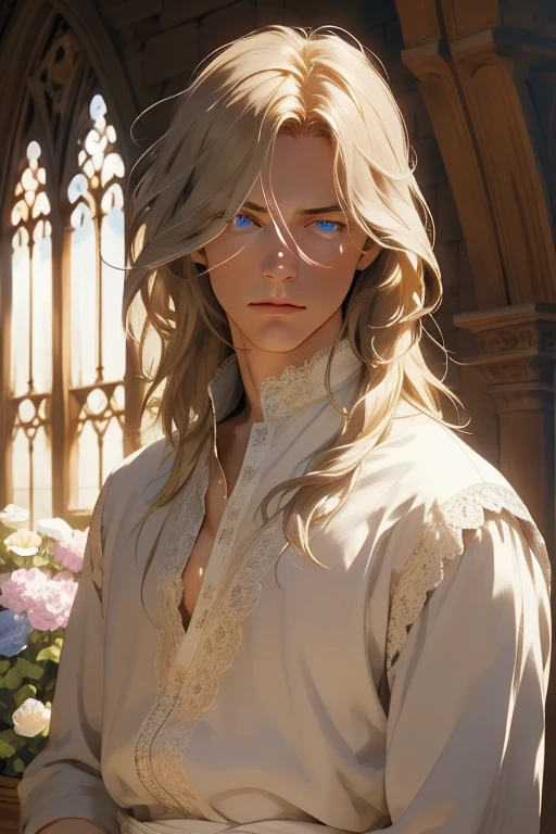 1 man, Realistic, master-piece, bestquality, Beautiful, detailed eyes and detailed faces.,natural light, Medieval Fantasy, European retro, White shirt, lace, Long dark golden hair, blue eyes, attractive, depressed, Decorative flowers, sunbeam