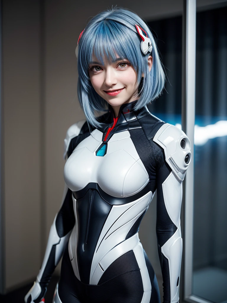 Masterpiece, highest quality, 8K, detailed skin texture, fine cloth texture, beautiful detailed face, intricate details, super detailed, portrait of Rei Ayanami, blue hair, red eyes, looking far away, no background, Evangelion Wearing a plug suit when riding, plug suit, whole body visible, standing, arms crossed, , beautiful, cute, great style, smiling,composition that shows the whole body,
