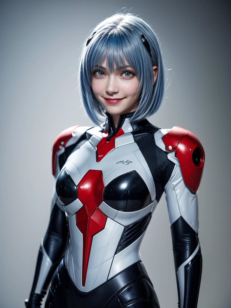 Masterpiece, highest quality, 8K, detailed skin texture, fine cloth texture, beautiful detailed face, intricate details, super detailed, portrait of Rei Ayanami, blue hair, red eyes, looking far away, no background, Evangelion Wearing a plug suit when riding, plug suit, whole body visible, standing, arms crossed, 15 years old, beautiful, cute, great style, smiling,composition that shows the whole body,