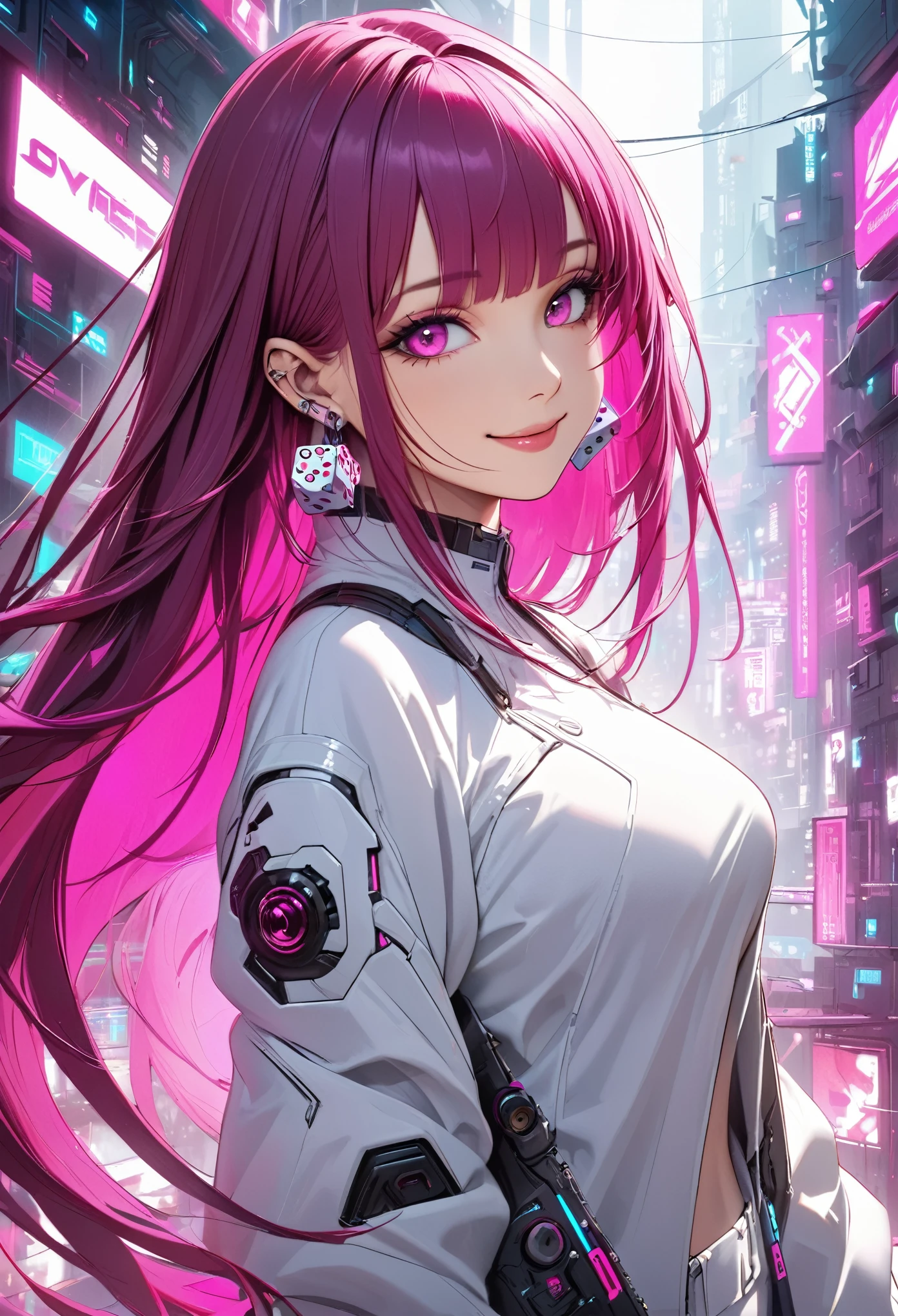 Beautiful, solo, 1 female, mature, long hair, magenta hair with bangs, hotpink eyes, white clothes, smile facial, futuristic, cyberpunk, dices, earrings
