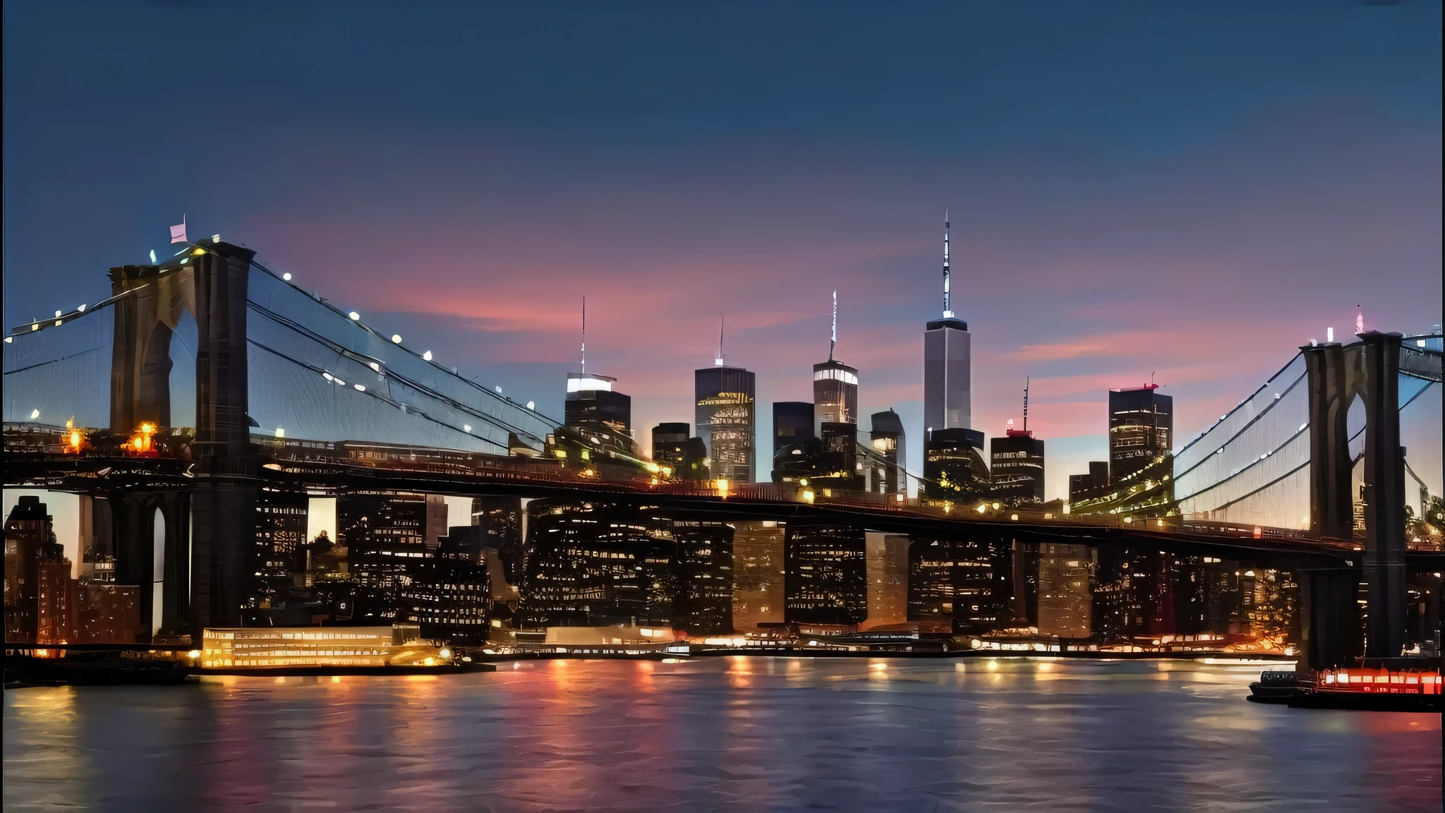 View of a bridge over a body of water with the city in the background, New York City as backdrop, New York Skyline, New York City skyline, The city that never sleeps, Brooklyn background, New York Background, New York City at night, New York City, new york in the future, Manhattan, 冬のNew York Skyline, New York Harbor