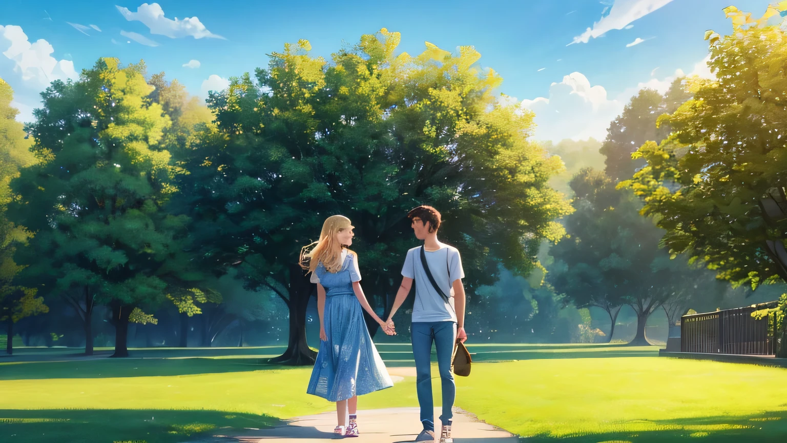 "A sunny park in the early afternoon. A young man, around 25 years old with short brown hair, is standing on a grassy path, waving with a friendly smile. He wears a casual outfit: a light blue T-shirt, dark jeans, and sneakers. His wave is directed towards a young woman, also around 25, who is standing a few meters away on the same path. She has long, flowing blonde hair and wears a floral summer dress with sandals. She has a surprised but delighted expression on her face, as if she just recognized him. In the background, there are trees with green leaves, a couple of park benches, and a few people walking their dogs or sitting on the grass. The sky is clear blue with a few fluffy clouds, and the sun casts a warm, golden light over the scene