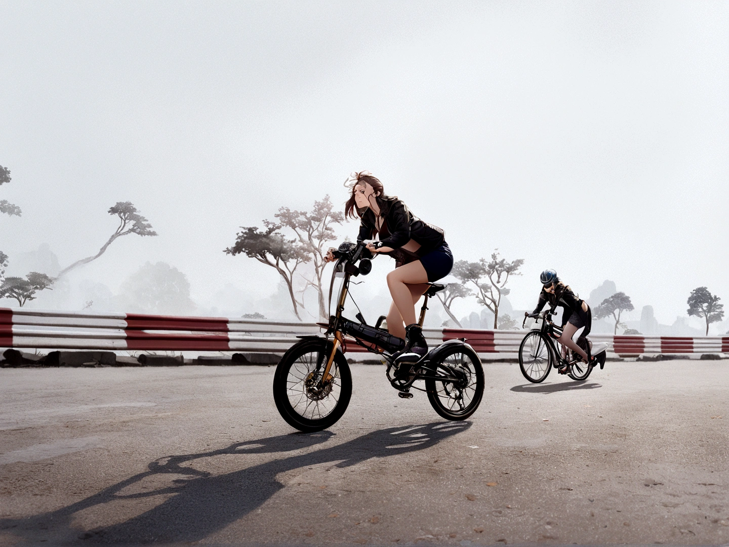 (extremely detailed CG unity 8k wallpaper), the most beautiful artwork in the world, girl bikers with ding bike on the road