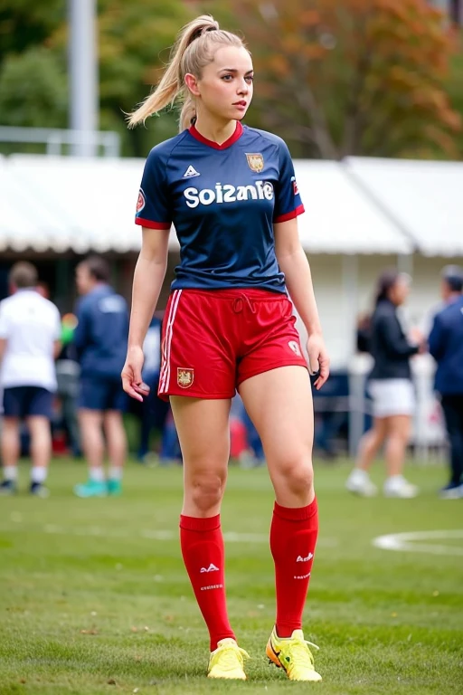 jeune femme chatain européen posant sur une photo , red jersey, ballon de foot, sur un terrain de foot