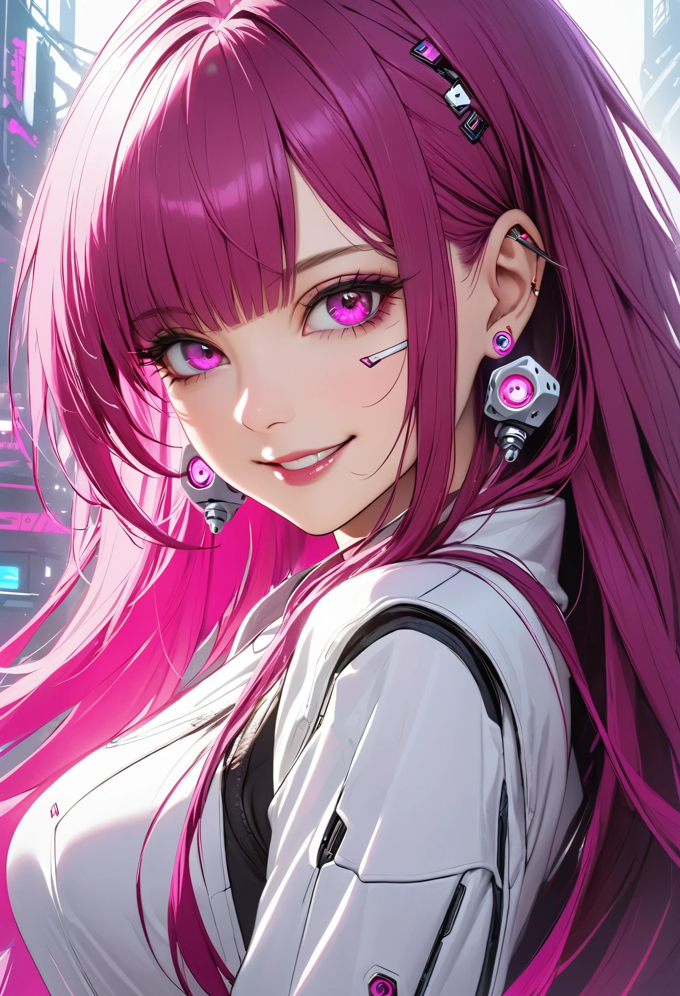 Beautiful, solo, 1 female, mature, long hair, magenta hair with bangs, hotpink eyes, white clothes, smile facial, futuristic, cyberpunk, dices, earrings